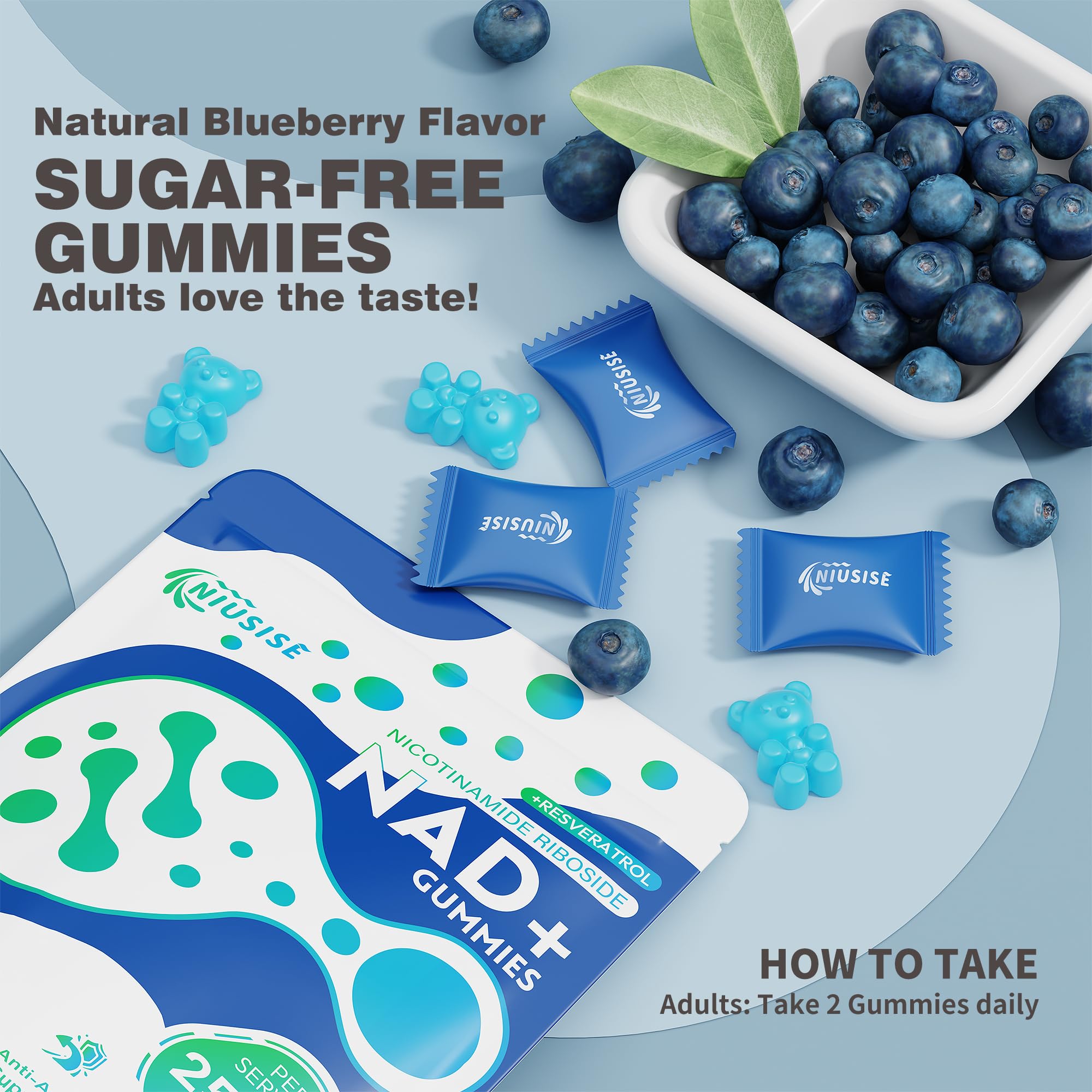 NIUSISE NAD Gummies Sugar Free, NAD+ Supplement with Liposomal Nicotinamide Riboside, Resveratrol, Quercetin, NAD Supplement for Anti-Aging, Energy, Cellular Health, Blueberry Flavor, 60 Gummies NIUSISEAu supplements