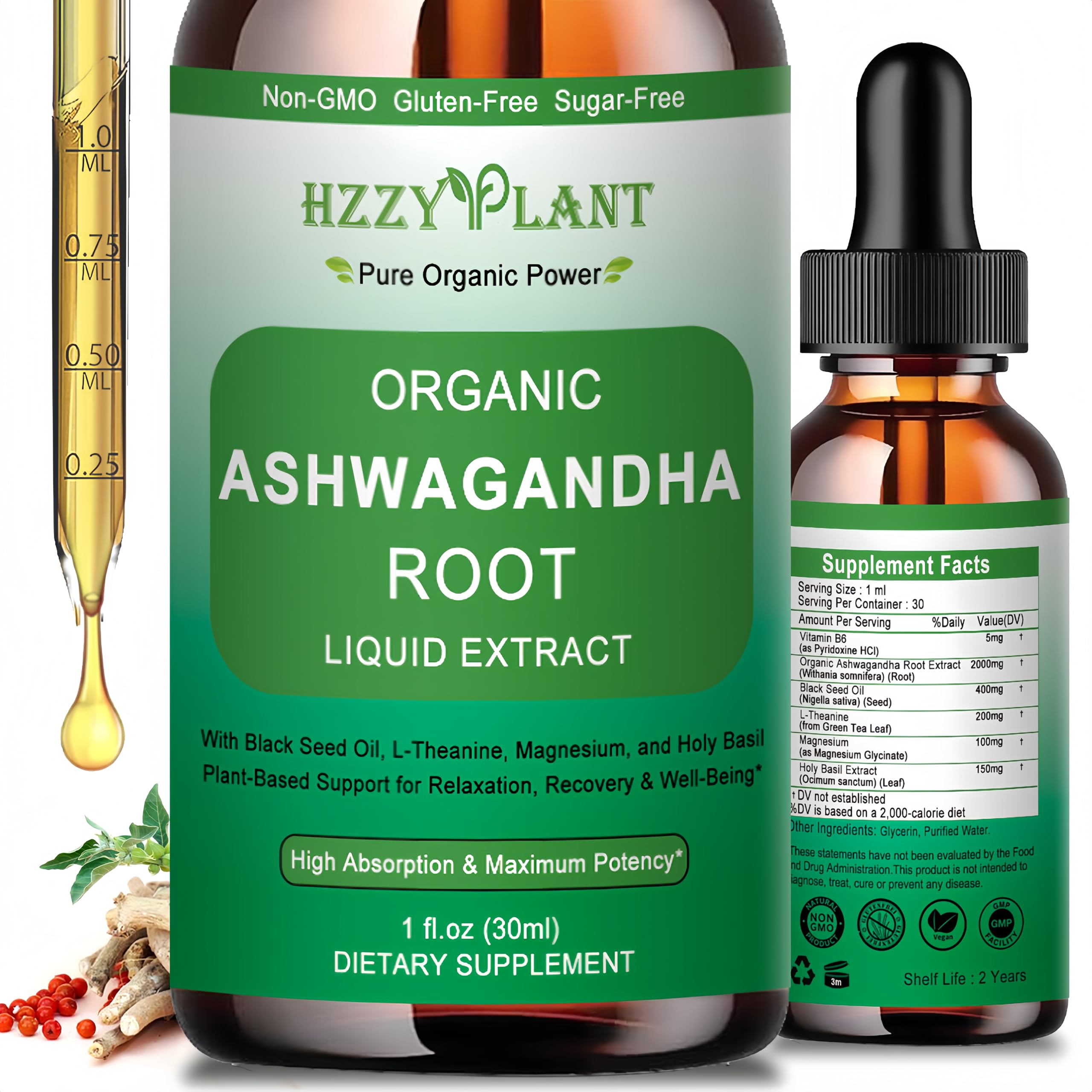 Organic Ashwagandha Drops,High Absorption Ashwagandha Extract Tincture for Stress Relief,Relaxation,Cortisol Support,Ashwagandha for Women & Men with Magnesium,L Theanine,Black Seed Oil,Vegan,Non-GMO HZZYPLANTAu supplements