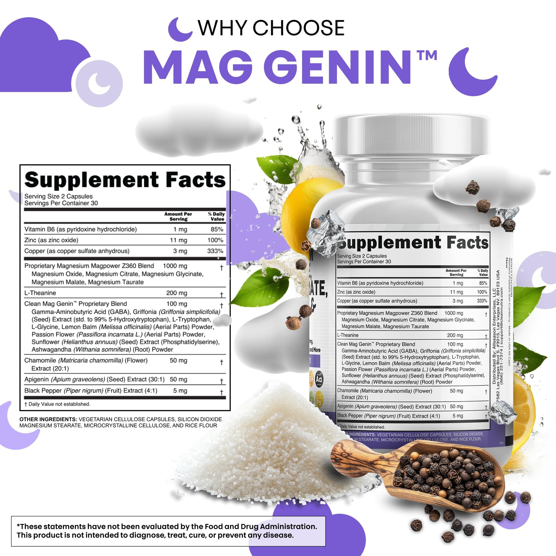 Clean Nutraceuticals Magnesium Glycinate Complex 1000mg with L-Theanine 200mg Apigenin 50mg Citrate Taurate Supplement - 5-HTP GABA Passion Flower Lemon Balm L-Glycine Phosphatidylserine - 60 Count Clean NutraceuticalsAu supplements