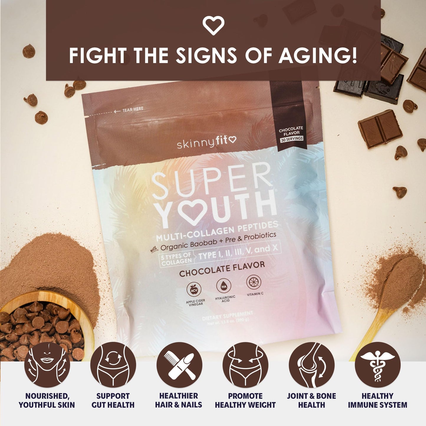 SkinnyFit Super Youth Chocolate Multi-Collagen Peptides + Probiotics, Baobab Fiber SkinnyFitUS supplements