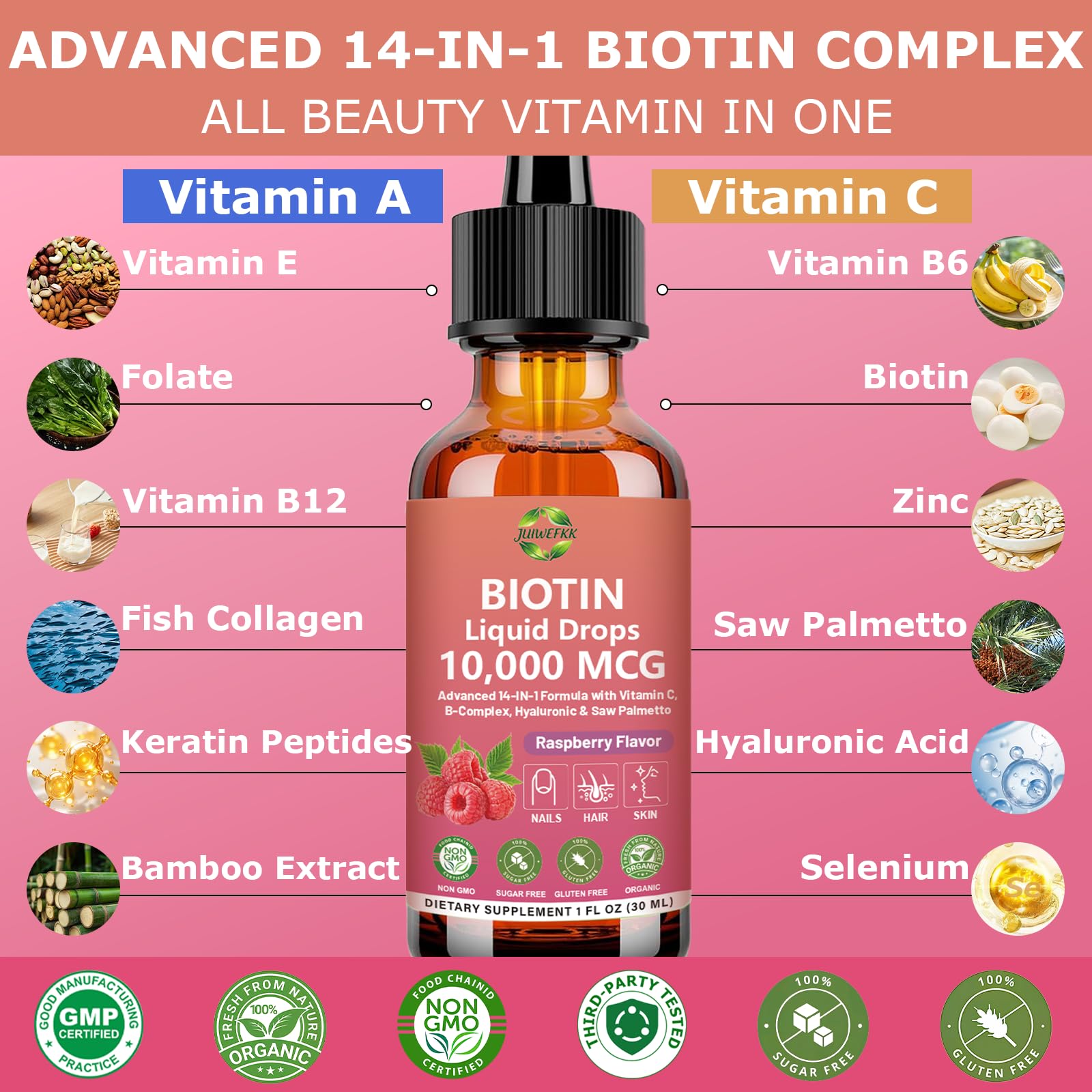 Pure Biotin 10000mcg Liquid Drop Optimal Solutions Hair Skin & Nails Vitamins Support w. Collagen Keratin Hyaluronic Acid Saw Palmetto, Biotin(Vitamin B7) for Hair Growth & Cellular Energy JUIWEFKKAu supplements