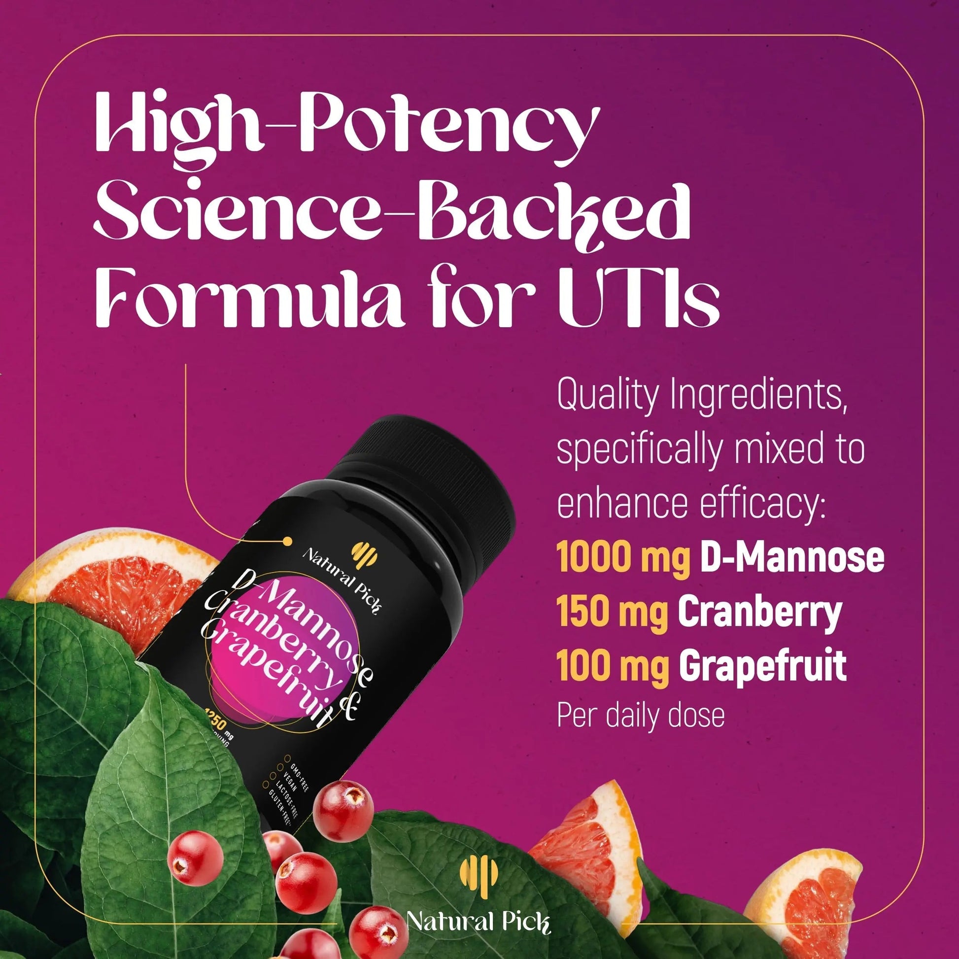 Natural Pick D-Mannose - Cranberry & Grapefruit – Cranberry Pills, UTI Treatment and Fast Relief for Women | Urinary Tract & Bladder Support. 90 Vegan Capsules, D mannose Supplements for Women Natural PickAu supplements