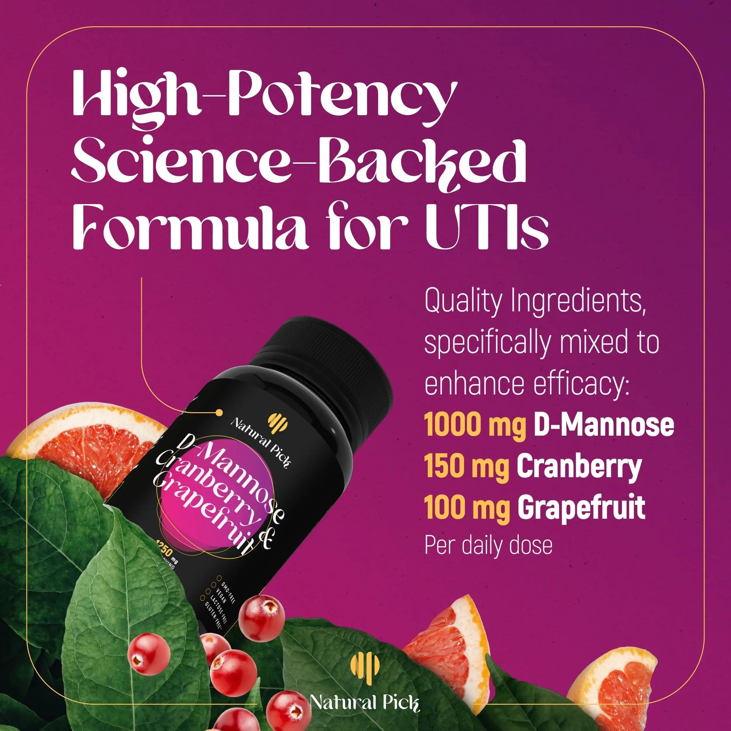 Natural Pick D-Mannose - Cranberry & Grapefruit – Cranberry Pills, UTI Treatment and Fast Relief for Women | Urinary Tract & Bladder Support. 90 Vegan Capsules, D mannose Supplements for Women Natural PickAu supplements