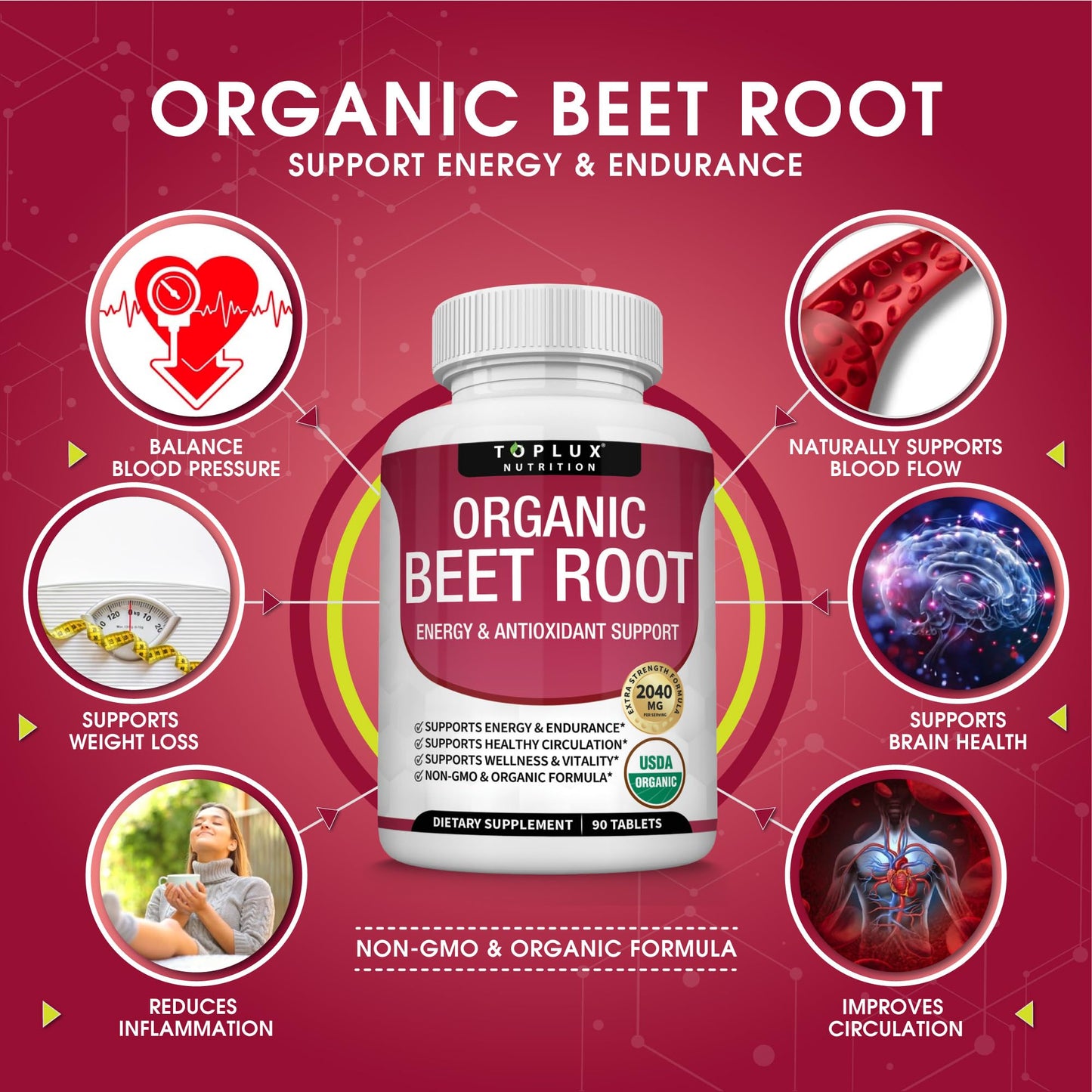 Organic Beet Root Powder Tablets - 2040mg Natural Nitric Oxide Beets to Support, Energy TopluxUS supplements