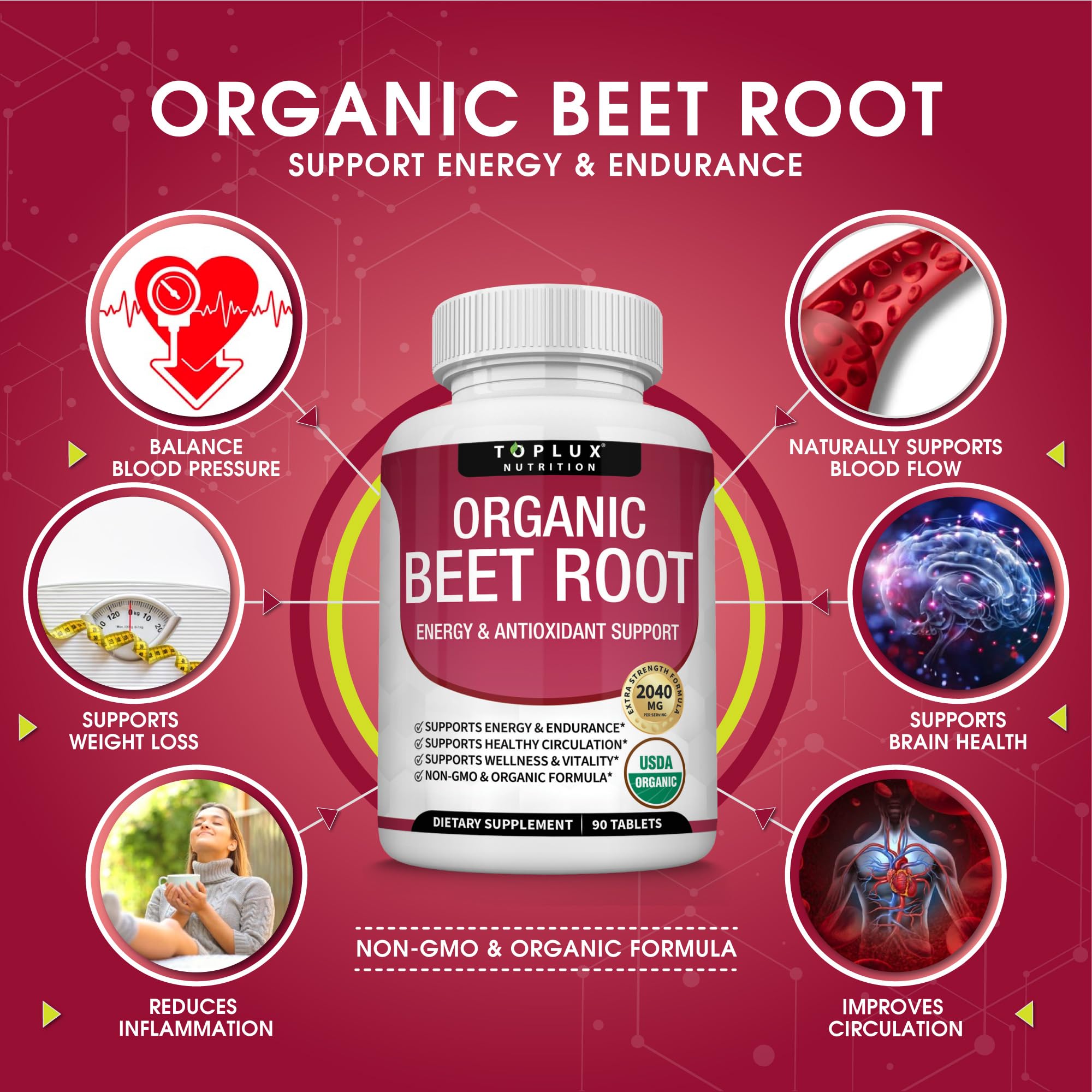Organic Beet Root Powder Tablets - 2040mg Natural Nitric Oxide Beets to Support, Energy TopluxAu supplements