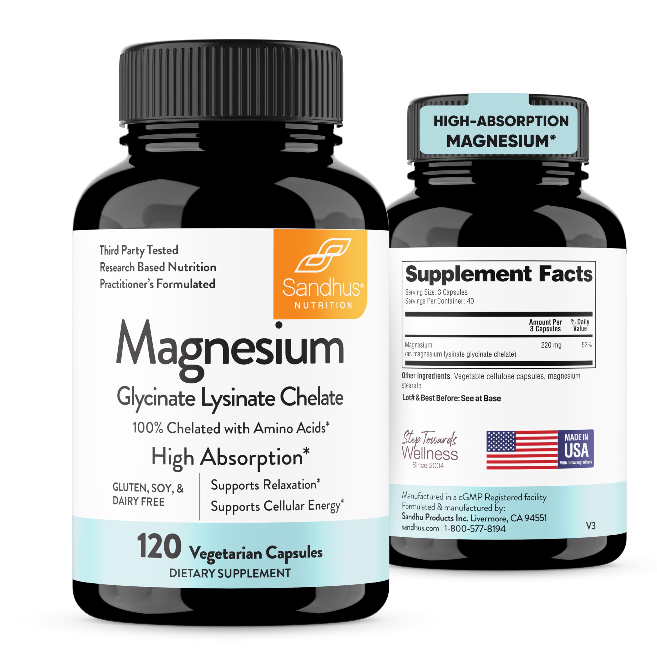 Sandhu's Magnesium Glycinate Lysinate | 120 Easy to Swallow Chelated Vegan Capsules | Magnesium Lysine Chelate Supplement for High Absorption | for Best Sleep, Leg Cramps, Relaxation Sandhu'sAu supplements