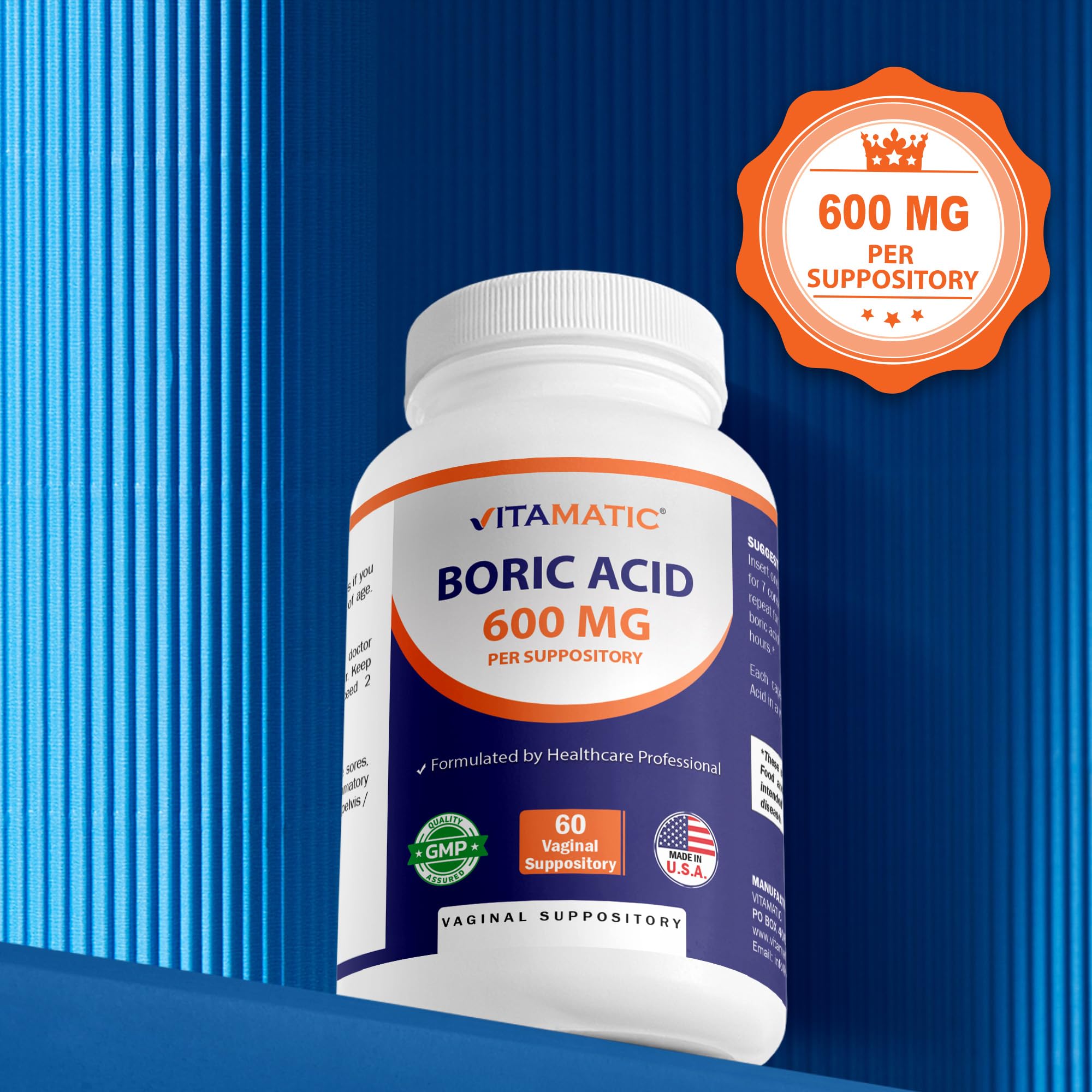 Vitamatic Boric Acid Vaginal Capsule Shell Suppositories 600 mg USP Grade Boric Acid in Vegetarian Capsule Shell - 60 Count VitamaticUS supplements