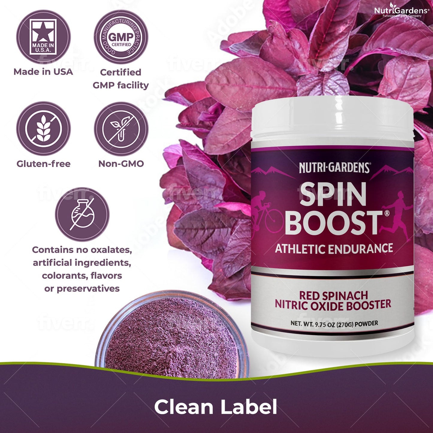 Nutrigardens Spin Boost Nitric Oxide Red Spinach Nitrate Pre-Workout Powder Concentrated NutrigardensUS supplements