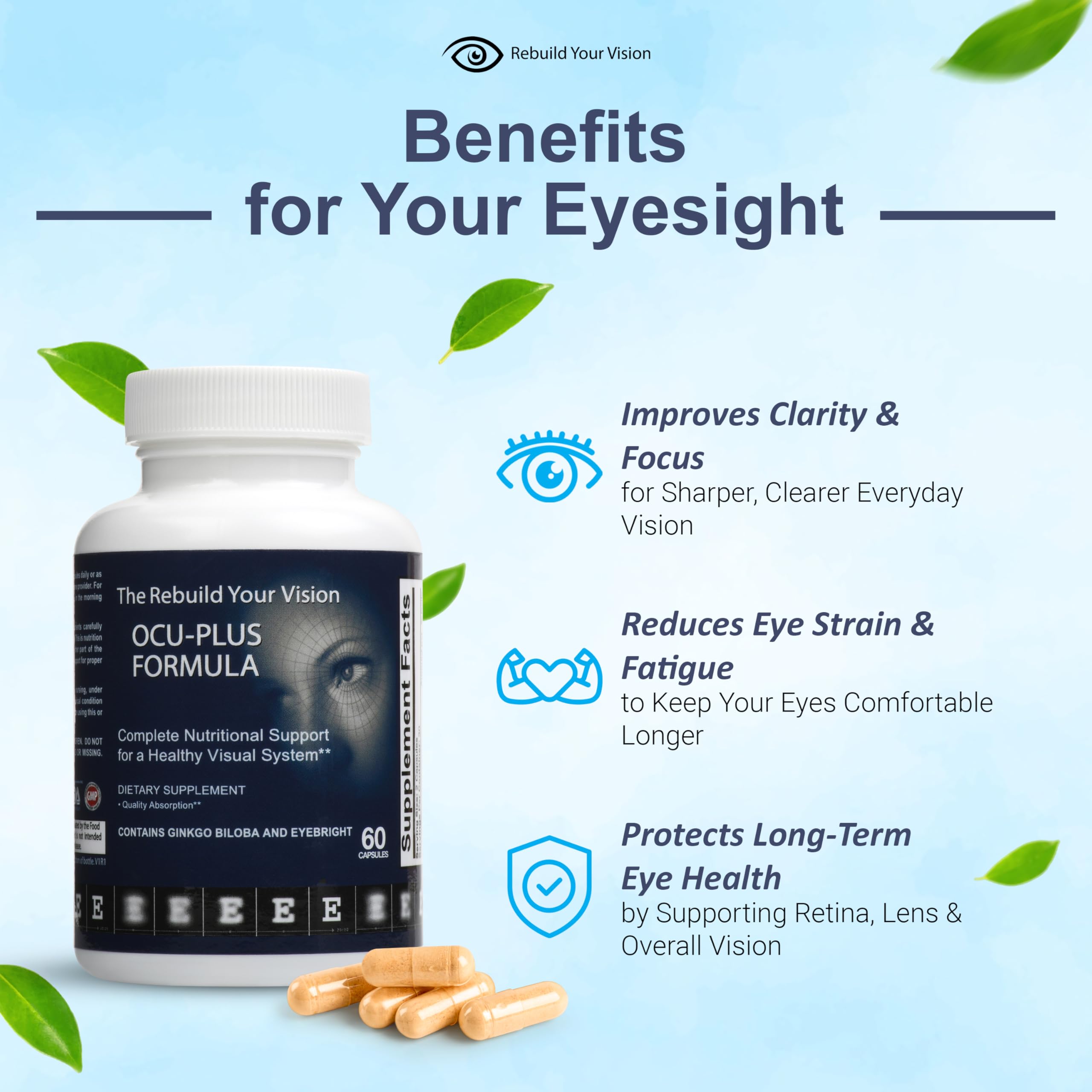 Rebuild Your Vision Ocu-Plus Formula – Eye Health Supplement with Lutein & Zeaxanthin – Supports Visual Clarity, Night Vision & Macular Health – with Bilberry, Ginkgo Biloba & NAC – 60 Capsules Rebuild Your VisionAu supplements