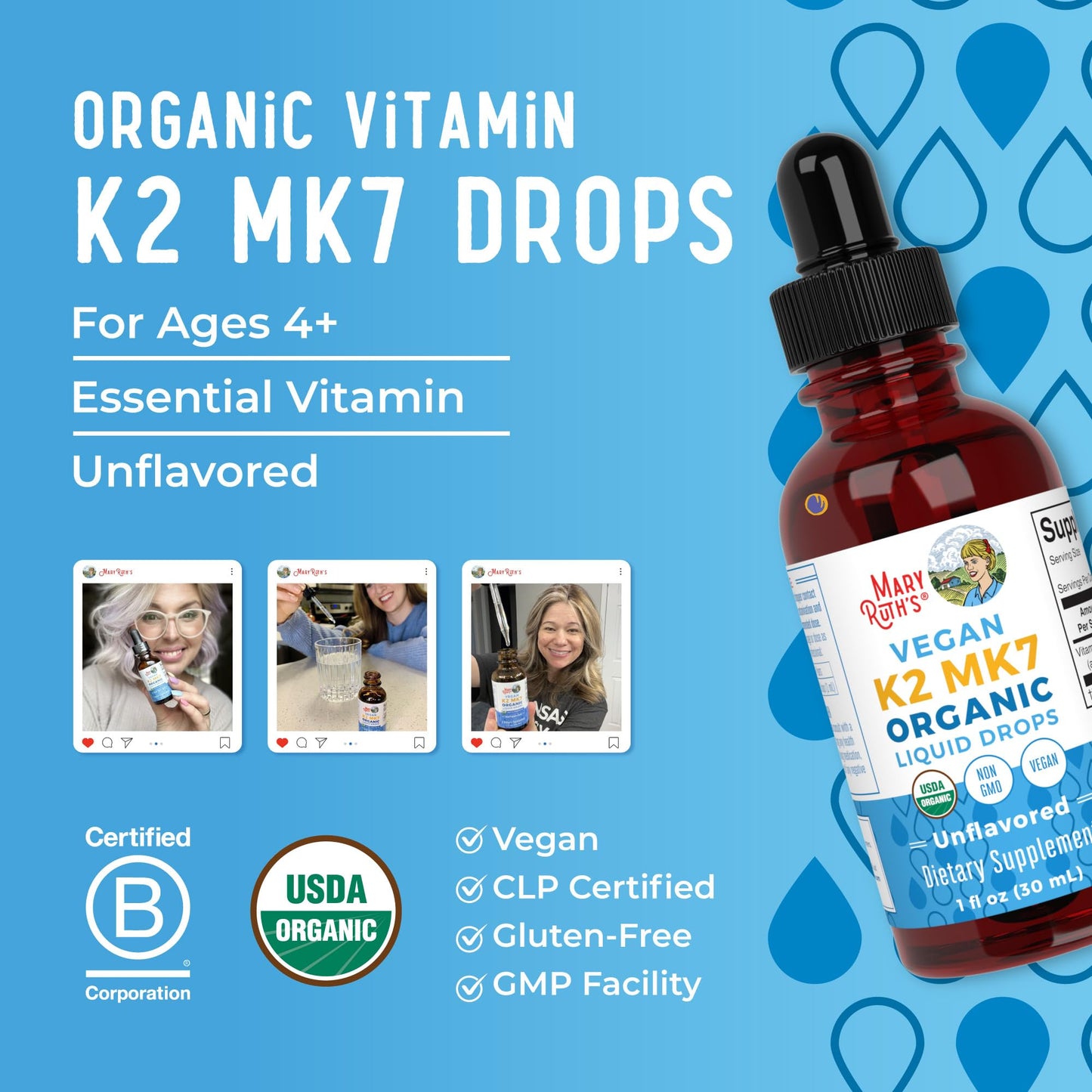 MaryRuth’s USDA Organic Vitamin K2 MK7 Liquid Drops for Adults & Kids | Sourced from Natto | Menaquinone- 7 | Vegan K2 Vitamin for Bone Health & Calcium Absorption | 1oz | Up to 90 Servings MARYRUTH'SUS supplements