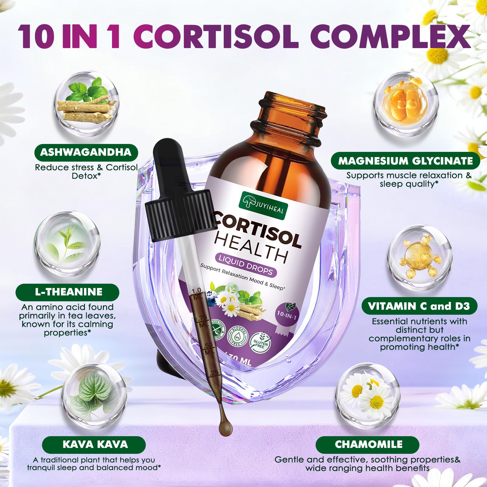 JUYIHEAL Cortisol Supplements, 10 in 1 Cortisol Detox Manager Reducer Hormone Balance Liquid Drops with Ashwagandha, Magnesium, L-theanine JUYIHEALAu supplements