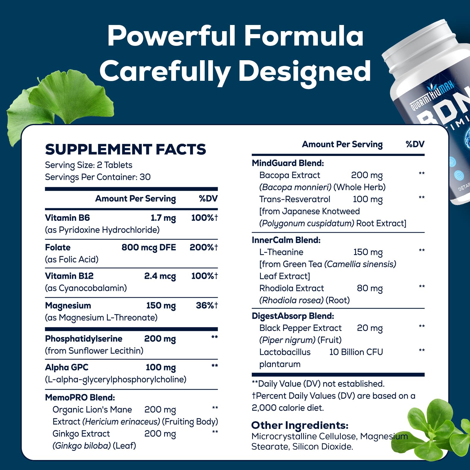 Nootropic Brain Supplement for Memory and Focus – BDNF Optimizer – Cognitive, Mental Clarity & Mood – High Absorption – Organic Lion's Mane, L-Theanine, Ginkgo Biloba & Alpha GPC – 60 Tablets QuorinthiumaxAu supplements