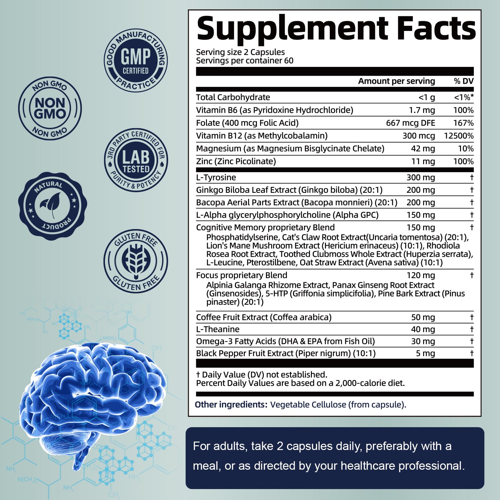 Totaria C-ognitive with Caffeine Pills, L-Tyrosine, Alpha GPC, Ginkgo Biloba, Bacopa Monnieri Brain Supplement for Memory and Focus, Brain Nootropic Support - Non-GMO, Gluten Free (2 Packs) TotariaAu supplements