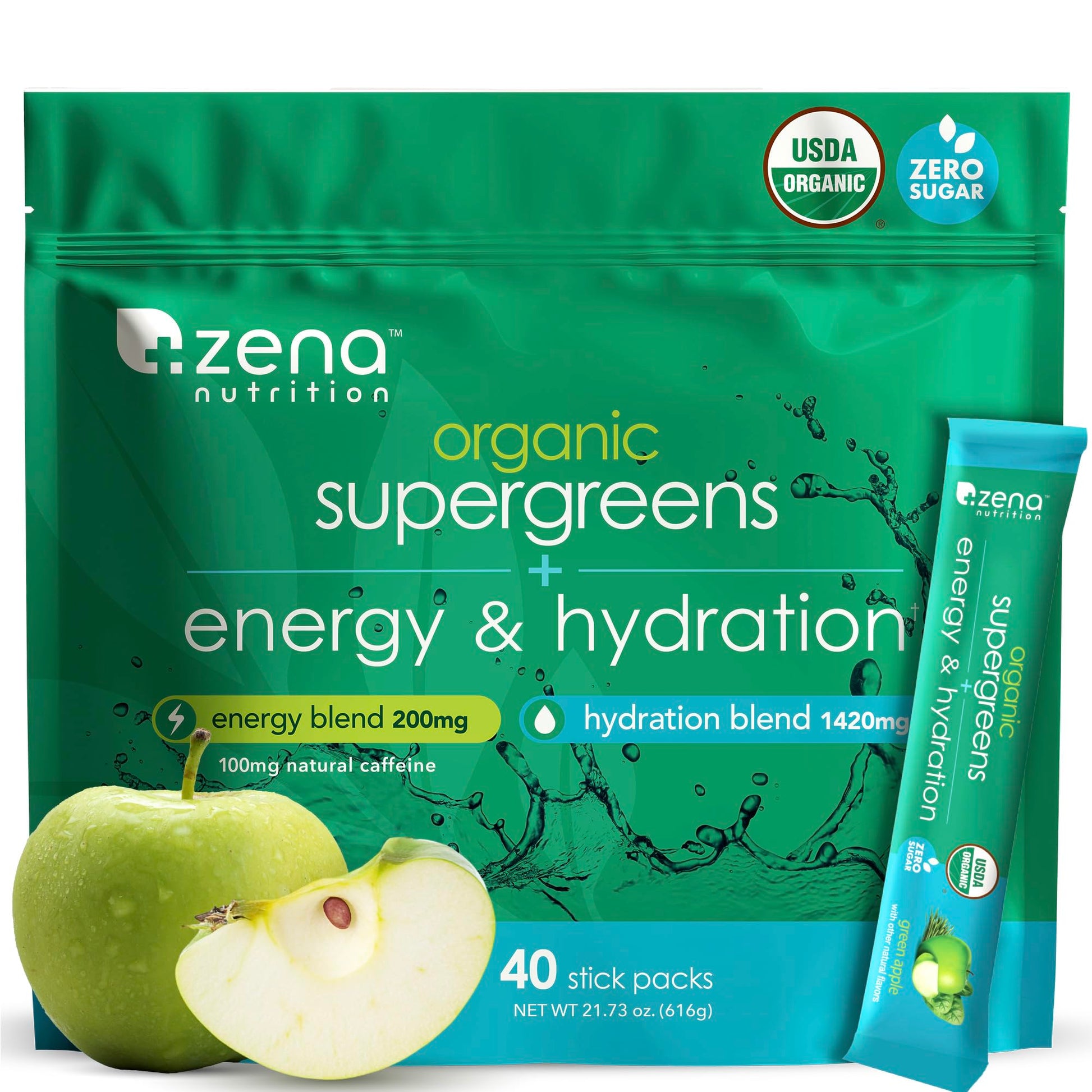 Zena Nutrition Organic Super Greens Energy & Hydration Powder, 70+ Superfoods, 0 Sugar, 5G Fiber, Spirulina, Chlorella, Prebiotics/Probiotics, Natural Caffeine + Electrolytes, 40 Drink Mix Packets Zena NutritionAu supplements