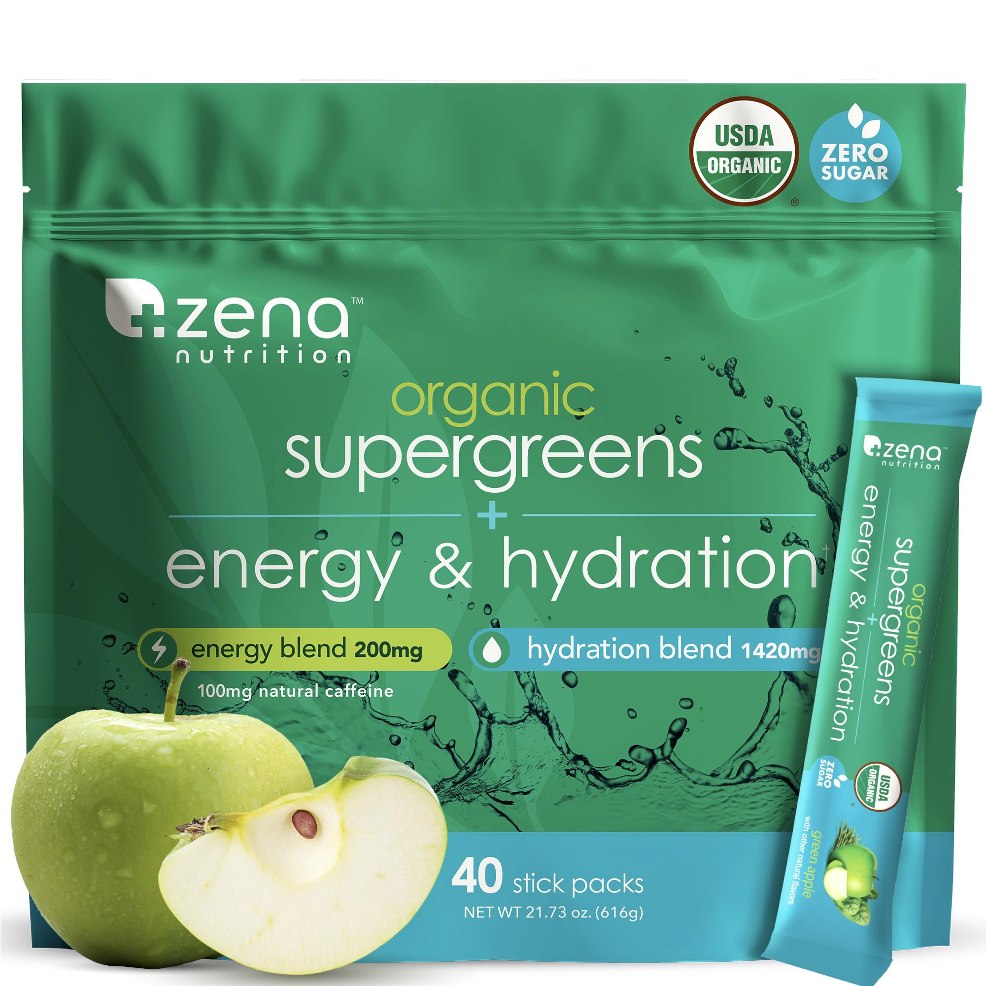 Zena Nutrition Organic Super Greens Energy & Hydration Powder, 70+ Superfoods, 0 Sugar, 5G Fiber, Spirulina, Chlorella, Prebiotics/Probiotics, Natural Caffeine + Electrolytes, 40 Drink Mix Packets Zena NutritionAu supplements
