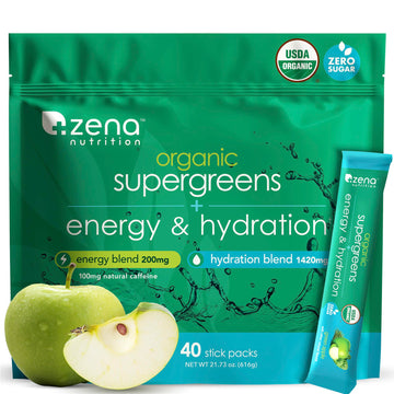 Zena Nutrition Organic Super Greens Energy & Hydration Powder, 70+ Superfoods, 0 Sugar, 5G Fiber, Spirulina, Chlorella, Prebiotics/Probiotics, Natural Caffeine + Electrolytes, 40 Drink Mix Packets Zena NutritionAu supplements