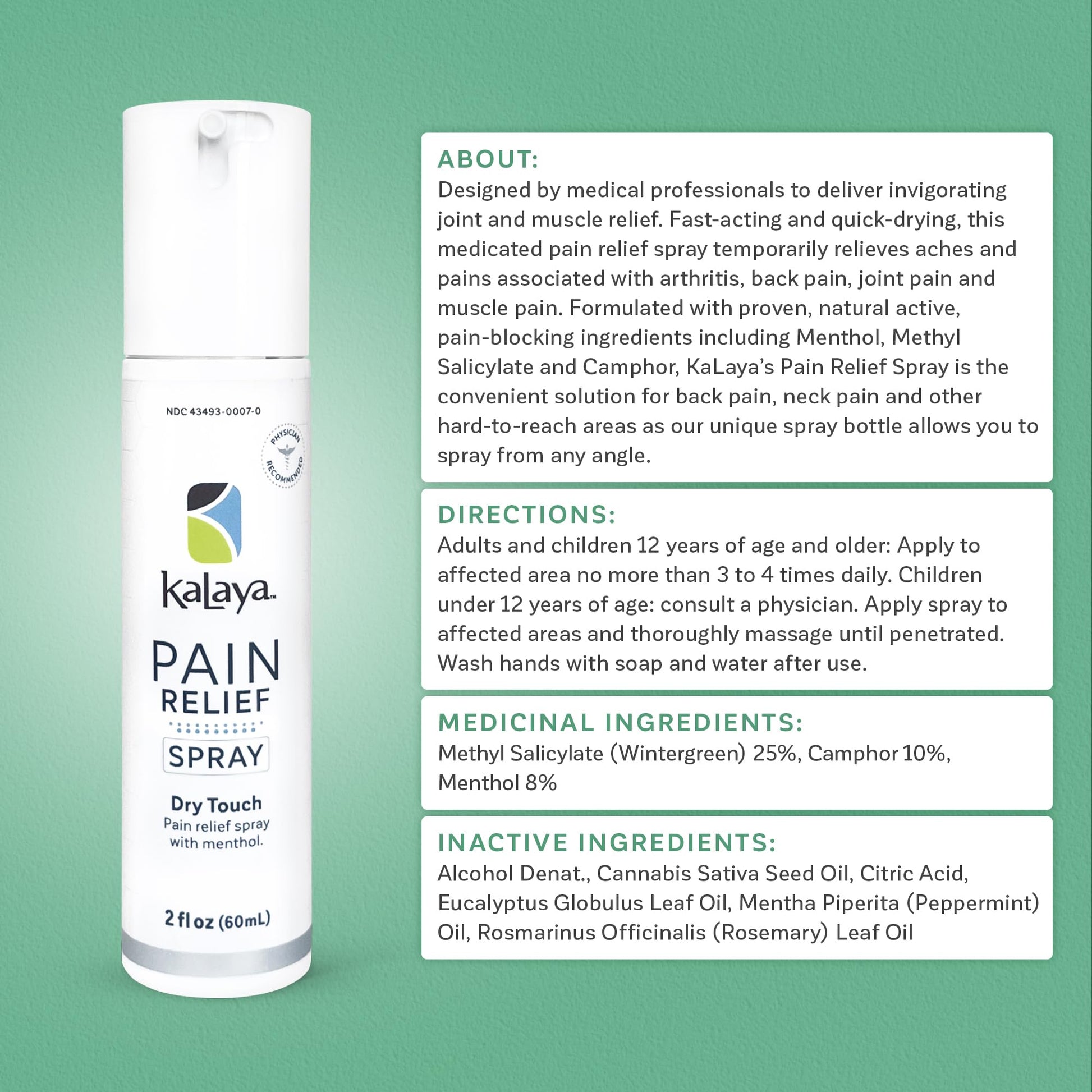 Kalaya Pain Relief Spray - Fast-Acting, Quick-Drying Muscle Rub for Joint Pain Relief and Muscle Pain - with Eucalyptus, Menthol, Methyl Salicylate, Camphor - Ideal for Easing Back Pain - 2 oz Kalaya NaturalsAu supplements