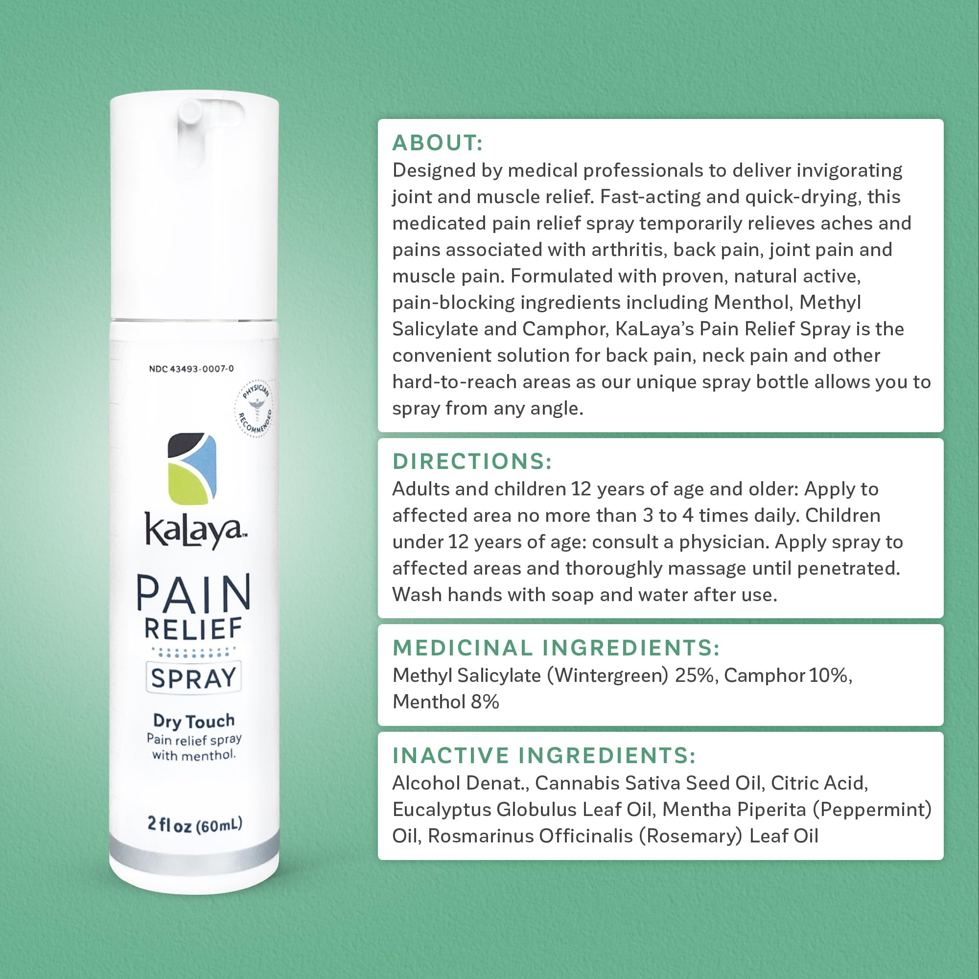 Kalaya Pain Relief Spray - Fast-Acting, Quick-Drying Muscle Rub for Joint Pain Relief and Muscle Pain - with Eucalyptus, Menthol, Methyl Salicylate, Camphor - Ideal for Easing Back Pain - 2 oz Kalaya NaturalsAu supplements