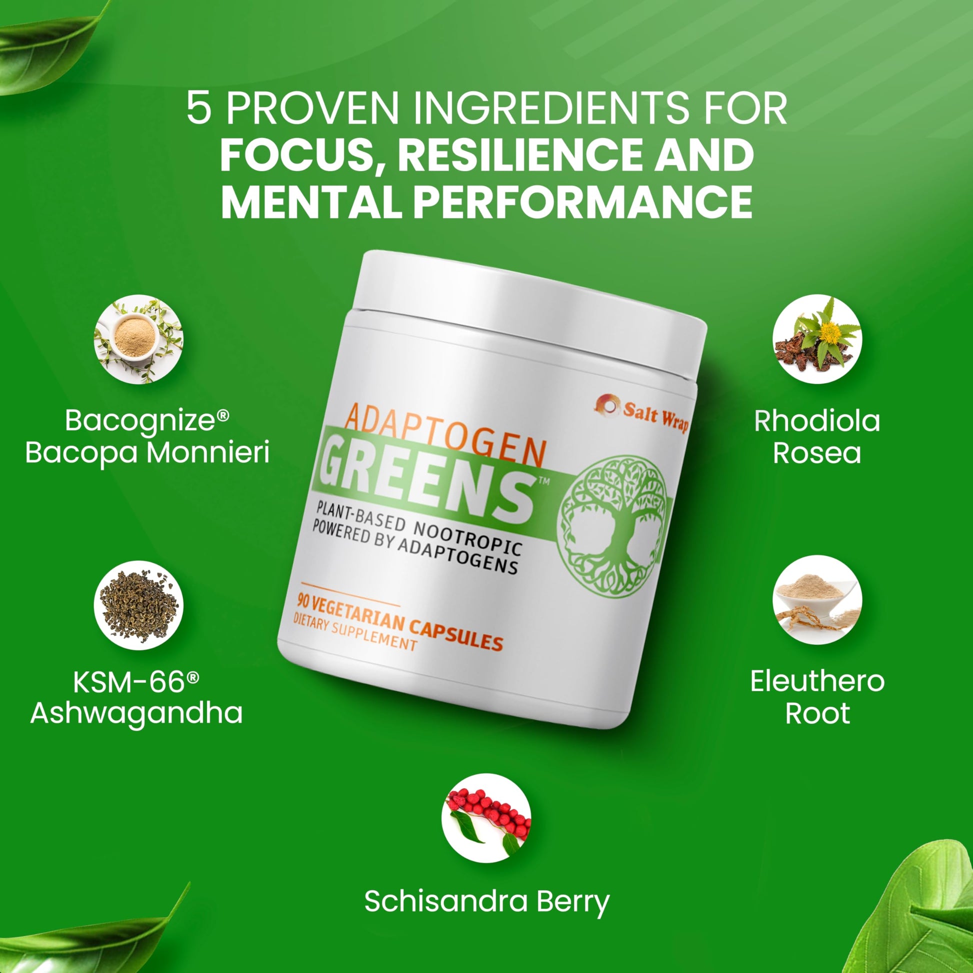 SaltWrap Adaptogen Greens - Mind-Body Resilience Formula - Caffeine-Free Nootropic for Stress, Focus, and Cognitive Performance - 90 Capsules SaltWrapAu supplements