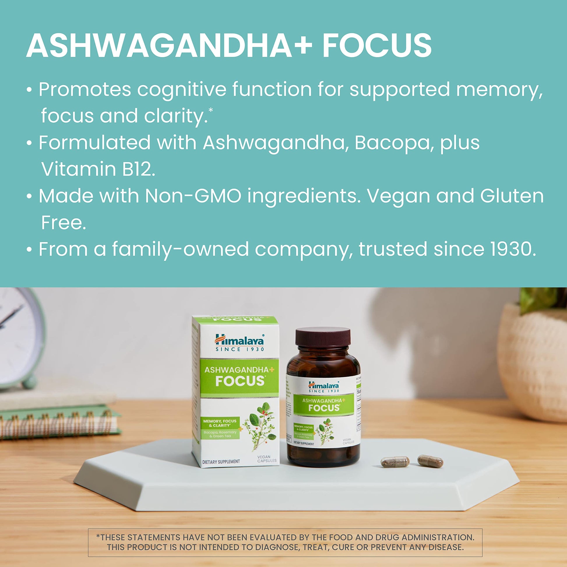 Himalaya Ashwagandha+ Focus - Herbal Focus Supplement with B12, Rosemary, Green Tea, and Bacopa Nootropics for Memory and Clarity - Vegan, Non-GMO, Gluten Free, 1690 mg, 60 Caplets HimalayaAu supplements