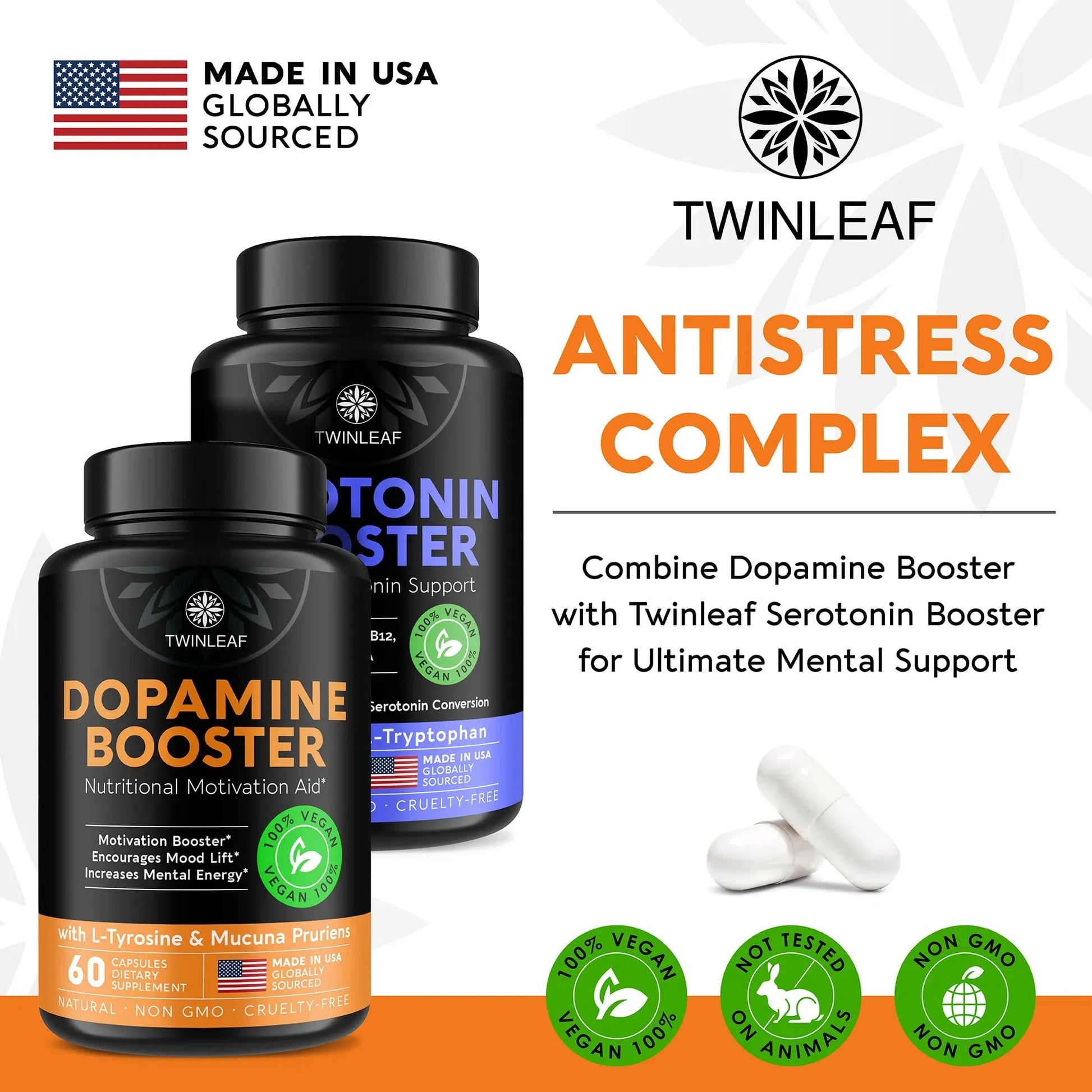 TWINLEAF Dopamine Brain Support Supplement, 1000 mg Blend - Made in USA - with DMAE, Vitamin B12 and L-Tyrosine TWINLEAFAu supplements