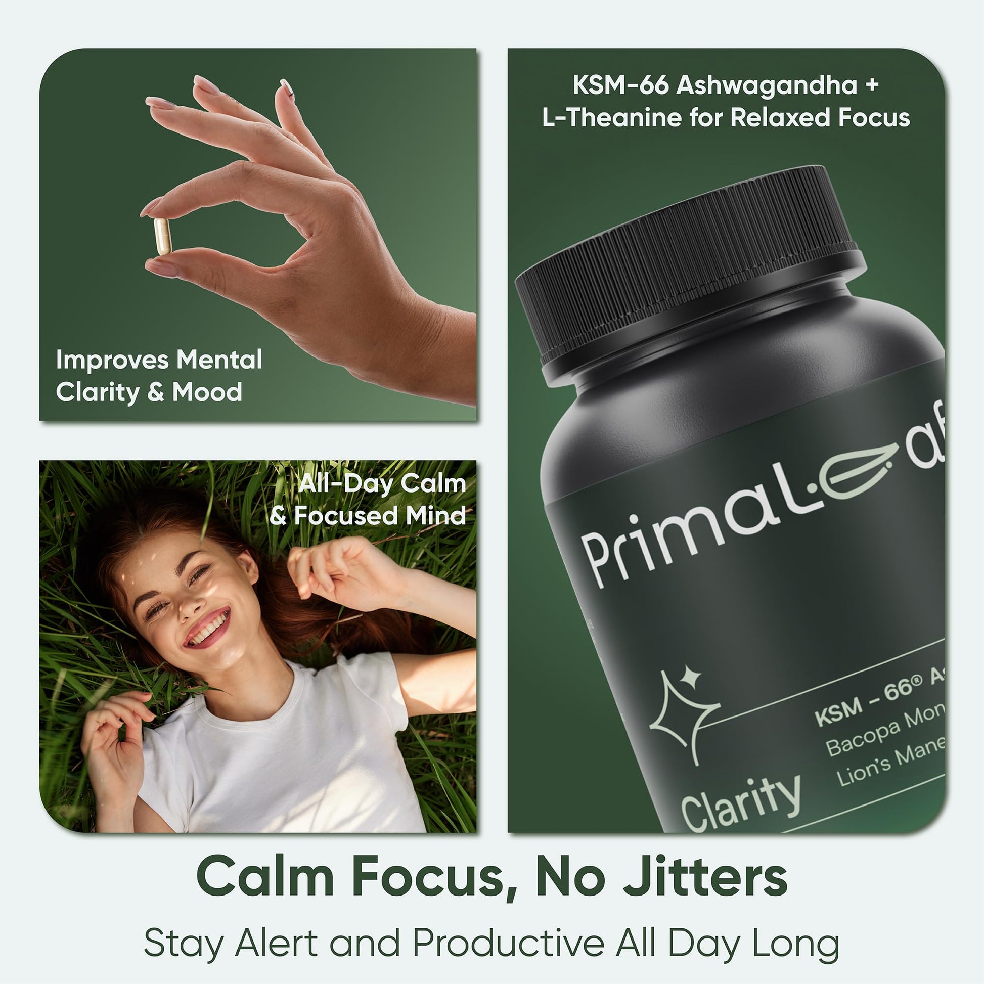 PrimaLeaf Clarity Nootropics Brain Supplement for Focus, Memory, & Stress Relief | Natural Nootropic with KSM66 Ashwagandha, Lions Mane, Bacopa, L Theanine | Cognitive & Mood Support | 60 Veg Capsules PrimaLeafAu supplements