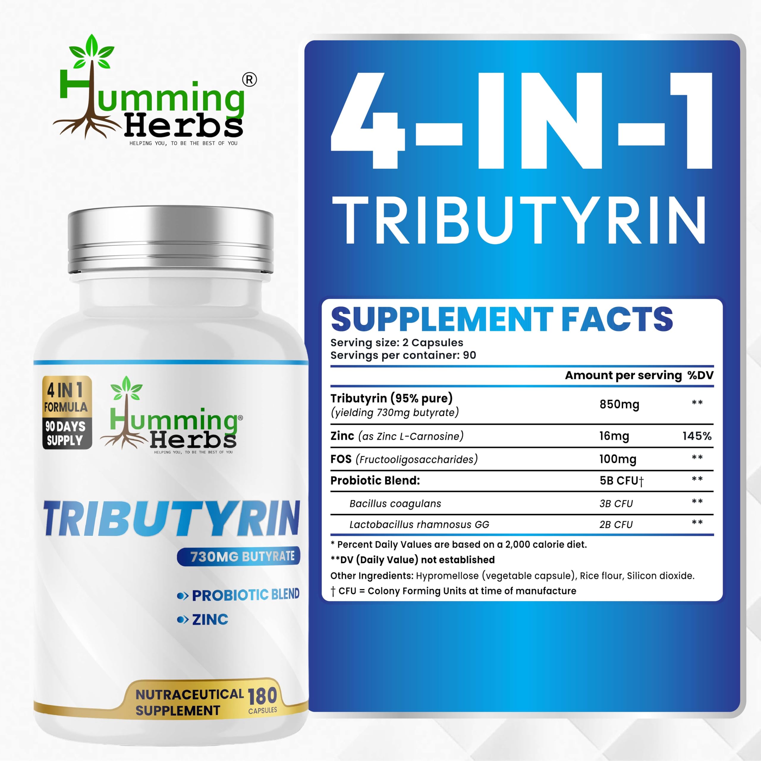Humming Herbs Tributyrin Complex — 850 mg per Serving (95% Pure, yielding 731 mg Butyrate) with L-Glutamine, Zinc L-Carnosine, FOS & Probiotic Blend (180) Humming HerbsAu supplements