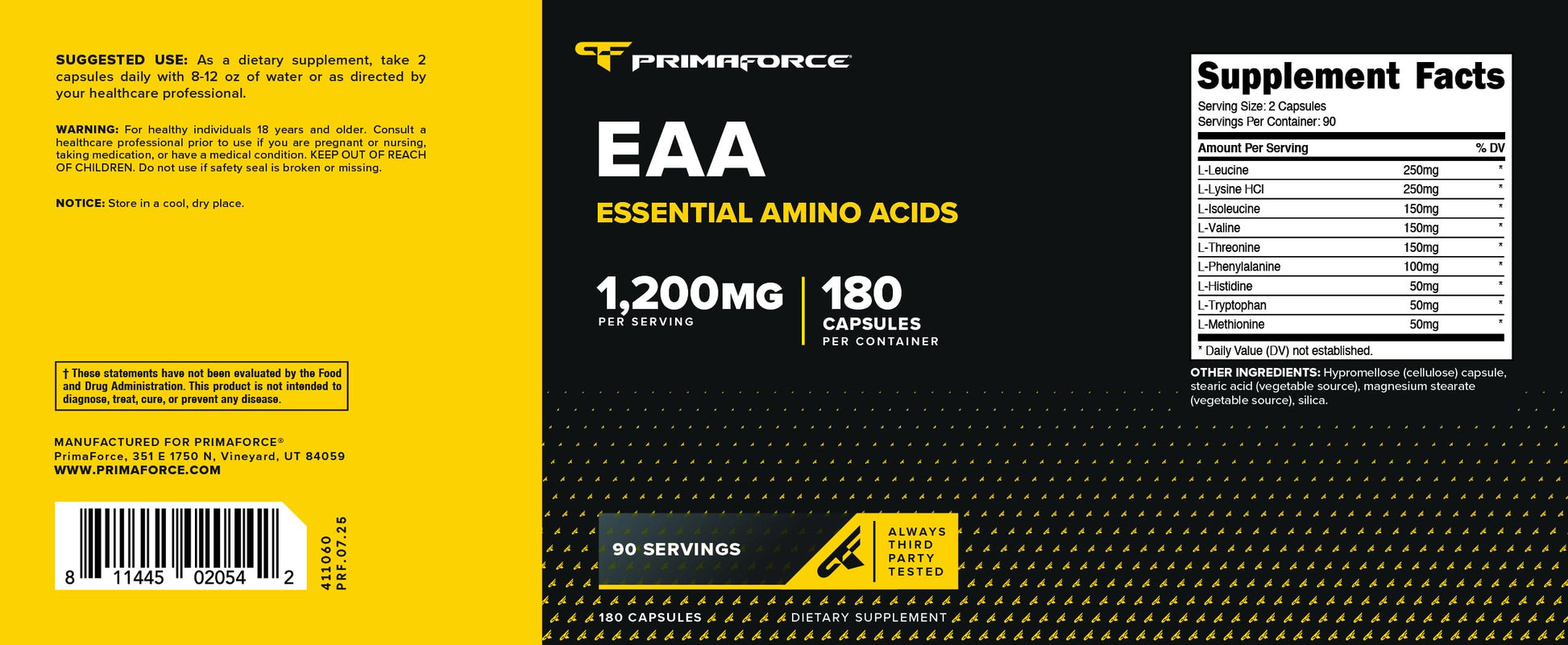 Primaforce EAA Capsules 1200mg, 180 Capsules, 90 Servings - Essential Amino Acids - Non-GMO, Gluten Free & Vegitarian Friendly PrimaforceAu supplements