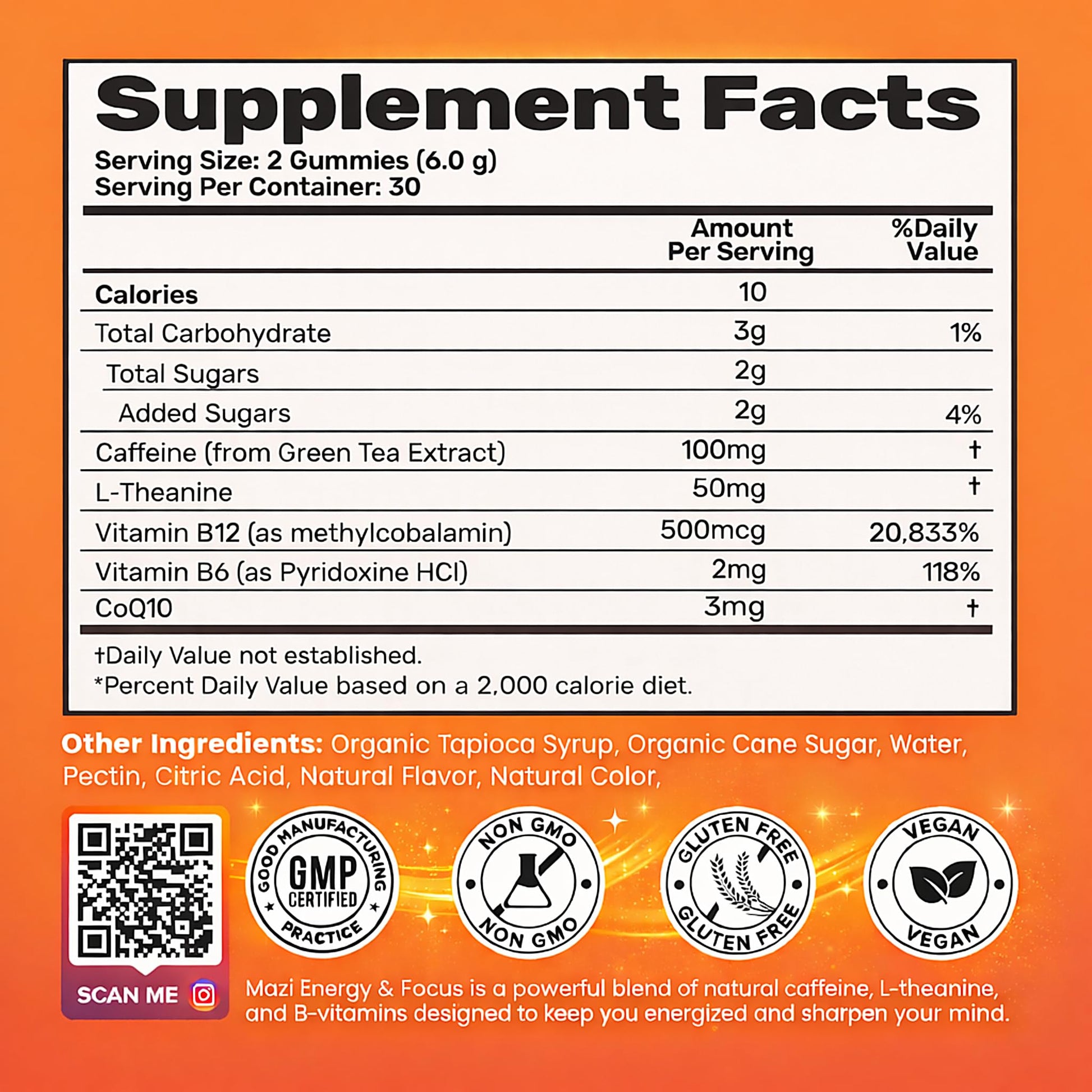 Energy & Focus Gummies | 100mg Natural Caffeine + L-Theanine + Vitamin B6 & B12 + CoQ10 | Nootropic Cognitive Brain Performance Supplement | No Crash or Jitters MAZIAu supplements