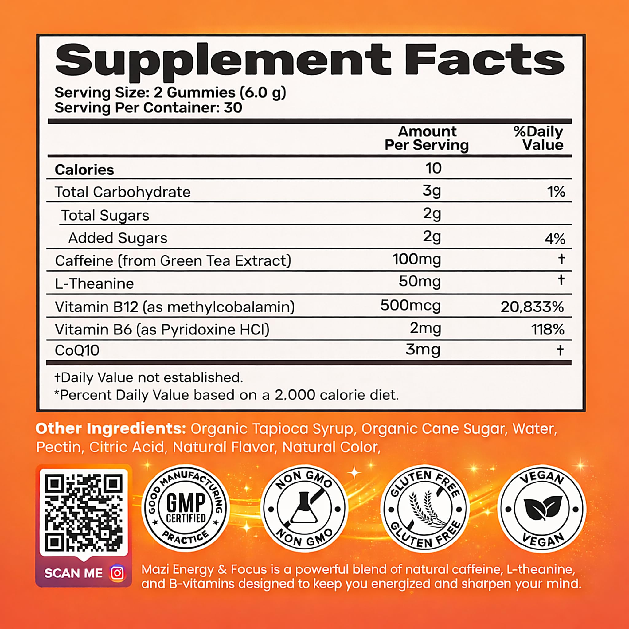 Energy & Focus Gummies | 100mg Natural Caffeine + L-Theanine + Vitamin B6 & B12 + CoQ10 | Nootropic Cognitive Brain Performance Supplement | No Crash or Jitters MAZIAu supplements