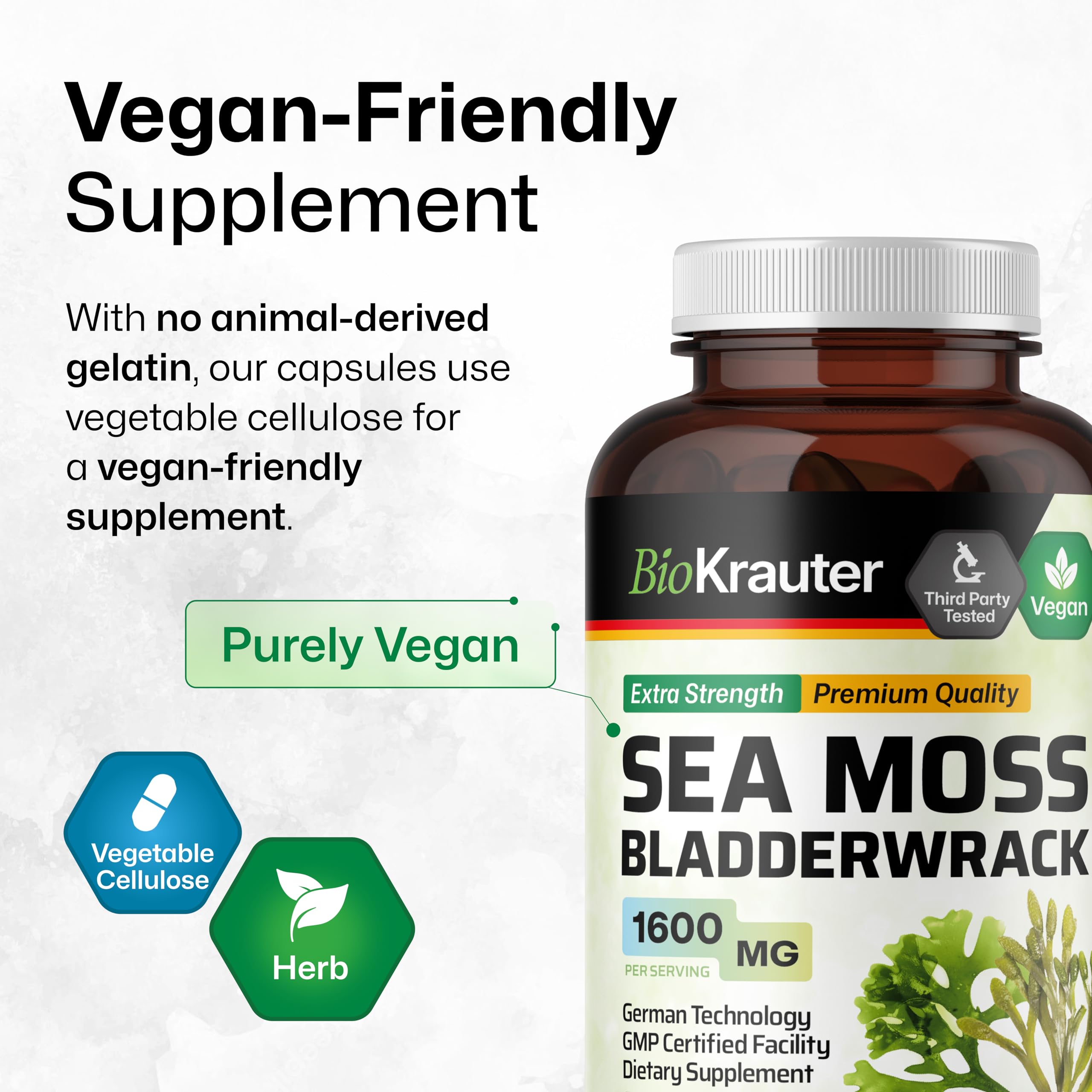 BIO KRAUTER® 2-in-1 Sea Moss for Thyroid Support - Vegan Bladderwrack & Sea Moss Capsules for Women & Men - Natural Сhondrus Сrispus Seaweed Supplement 1600 mg - 125 Days of Supply, Non-GMO BIO KRAUTERAu supplements