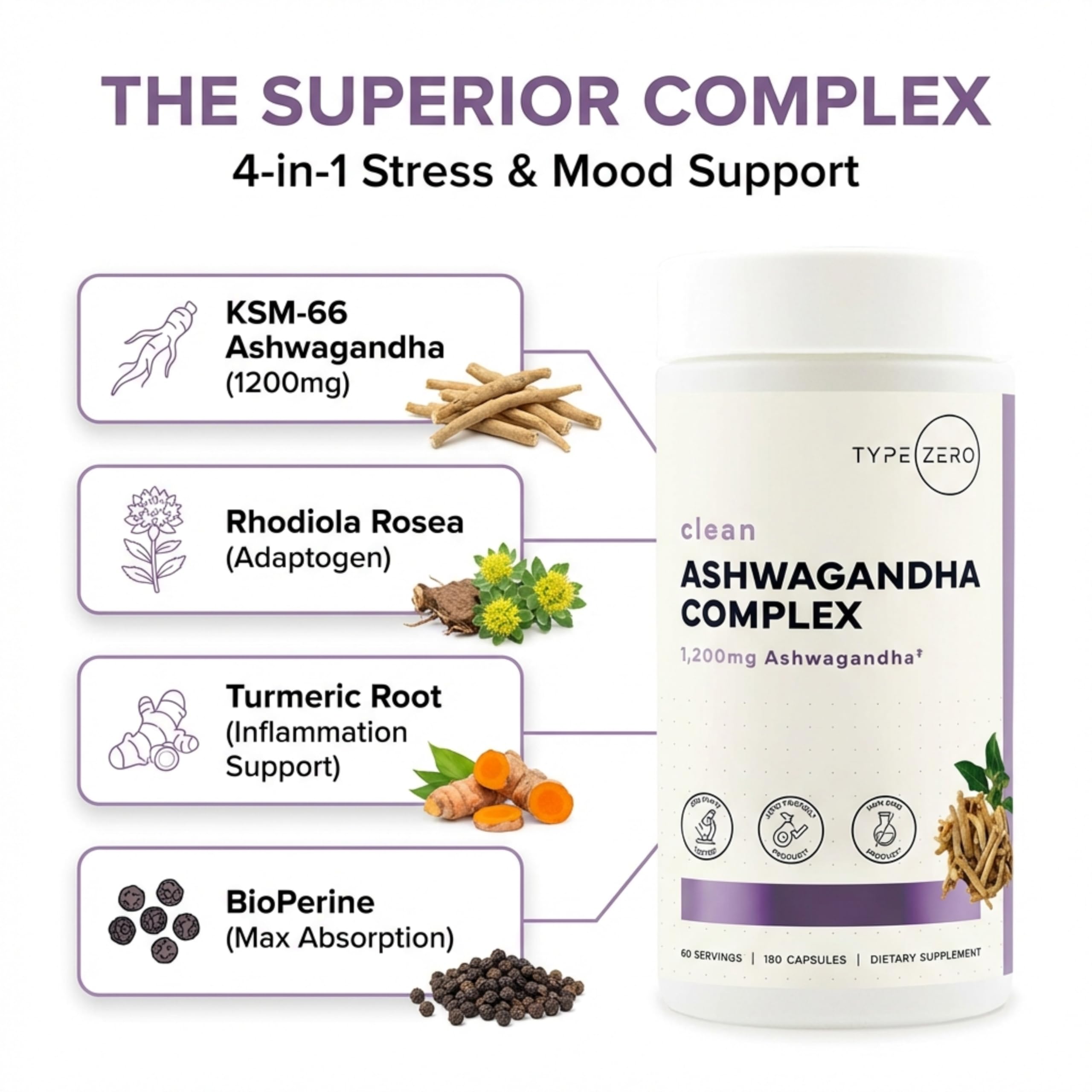 Type Zero KSM-66 Ashwagandha Root Extract 1,200mg, 60 Servings - High Potency 5% Withanolides - with Turmeric, Rhodiola Rosea and BioPerine Black Pepper Extract - 180 Veggie Caps Type ZeroUS supplements