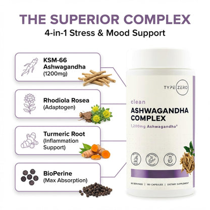 Type Zero KSM-66 Ashwagandha Root Extract 1,200mg, 60 Servings - High Potency 5% Withanolides - with Turmeric, Rhodiola Rosea and BioPerine Black Pepper Extract - 180 Veggie Caps Type ZeroUS supplements