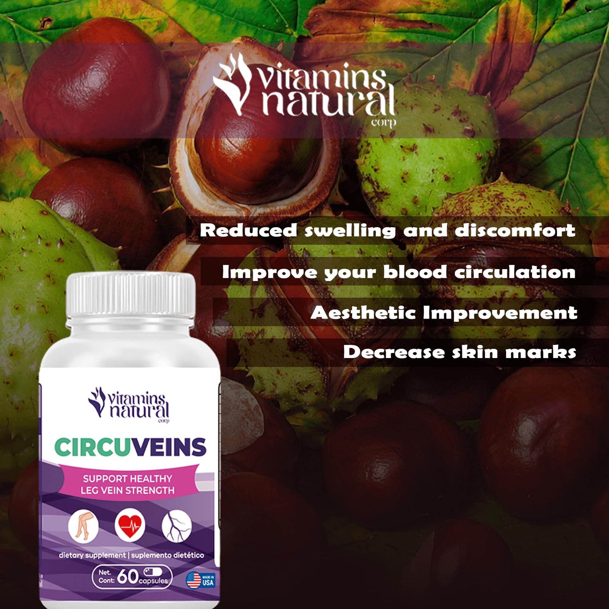 VITAMINS NATURAL CORP. CircuVeins Varicose Veins Support for Legs Capsules – Organic Vein Health Supplement with Horse Chestnut Grape Extract and Cayenne Pepper – 60 Capsules VITAMINS NATURAL CORPAu supplements