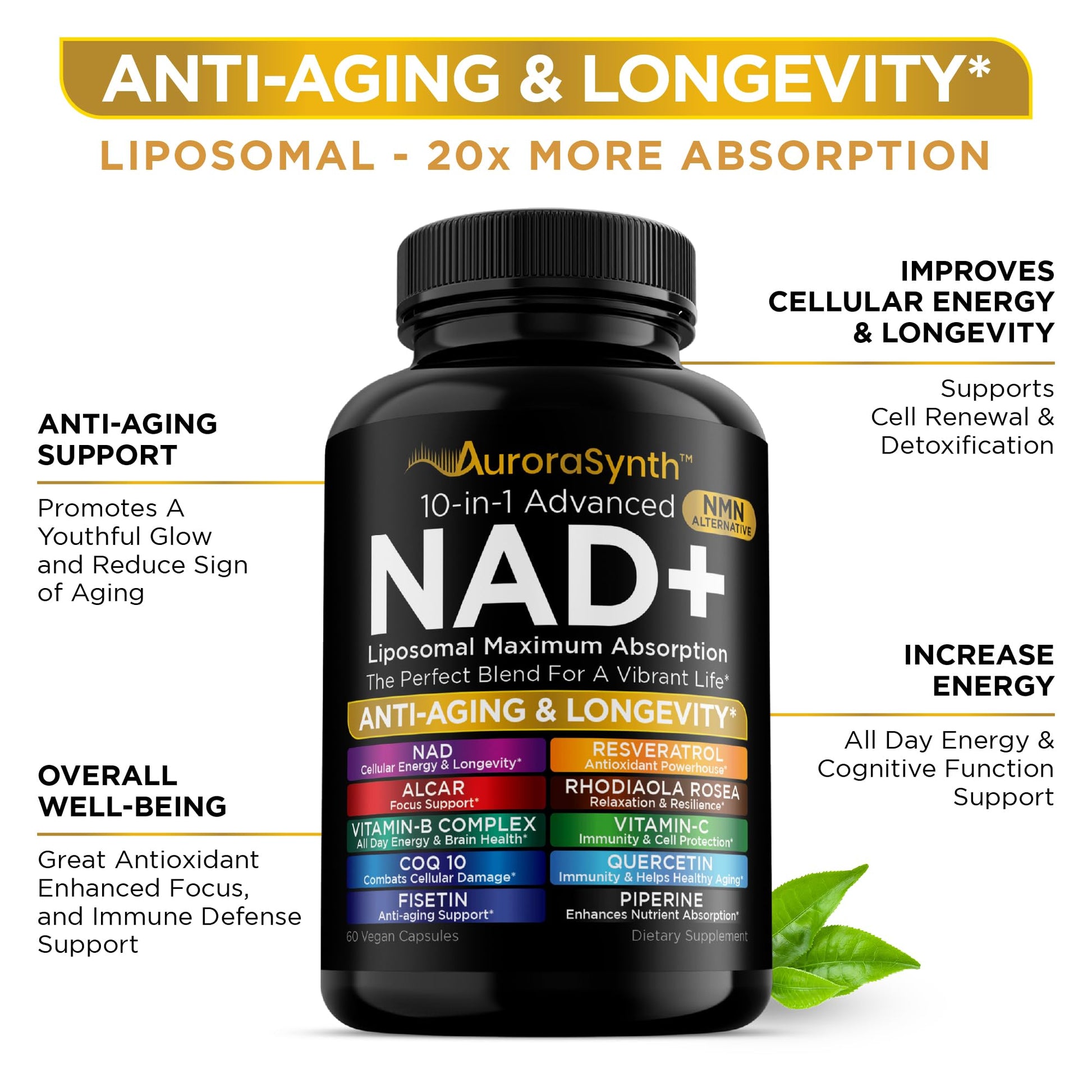 NAD+ Supplement Liposomal Capsules - Max Absorption for Cellular Energy, Healthy Aging, Brain Function & DNA Health - Vegan, Non-GMO, Gluten-Free Supplement - 60 Capsules - Supports NAD Levels AuroraSynthAu supplements