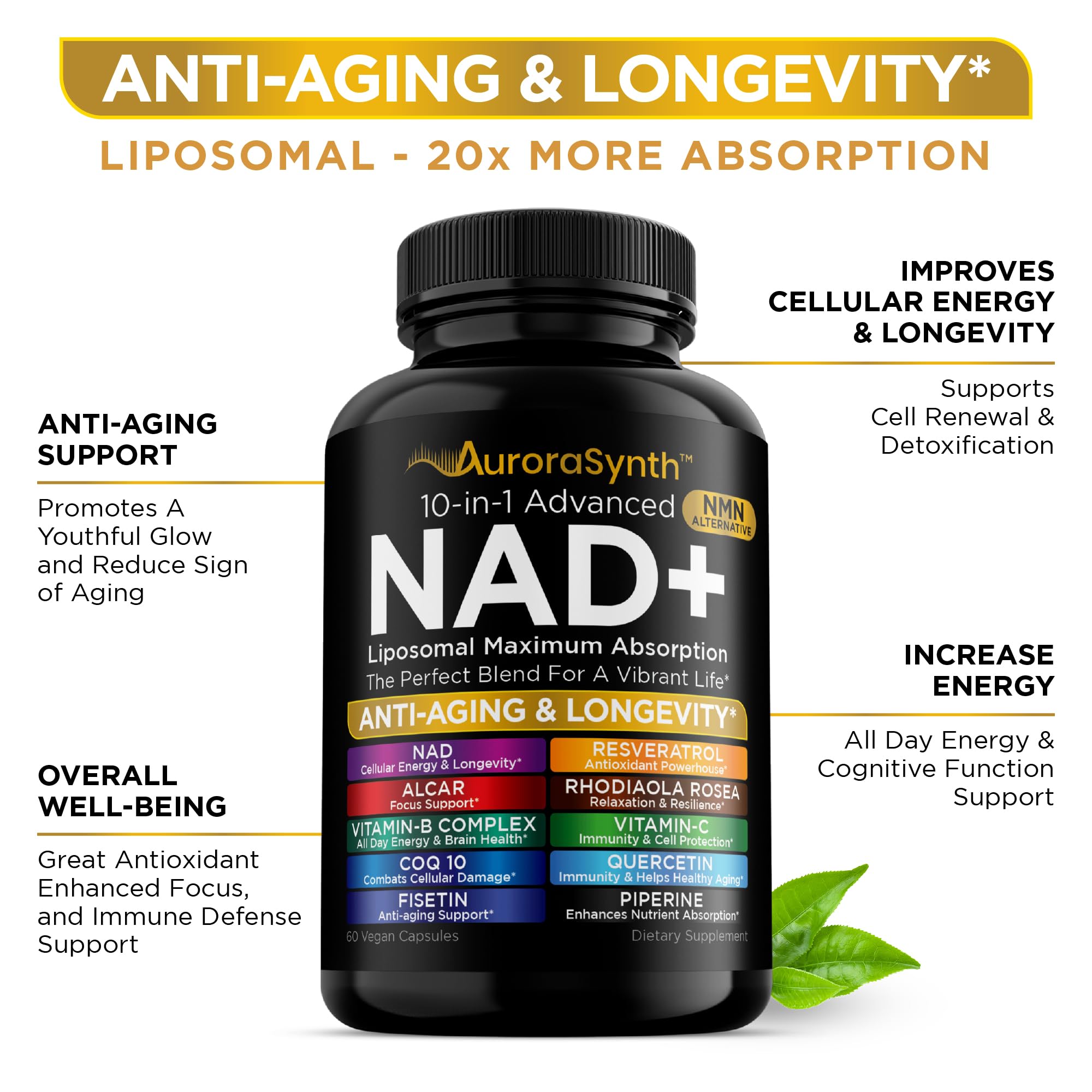 NAD+ Supplement Liposomal Capsules - Max Absorption for Cellular Energy, Healthy Aging, Brain Function & DNA Health - Vegan, Non-GMO, Gluten-Free Supplement - 60 Capsules - Supports NAD Levels AuroraSynthAu supplements
