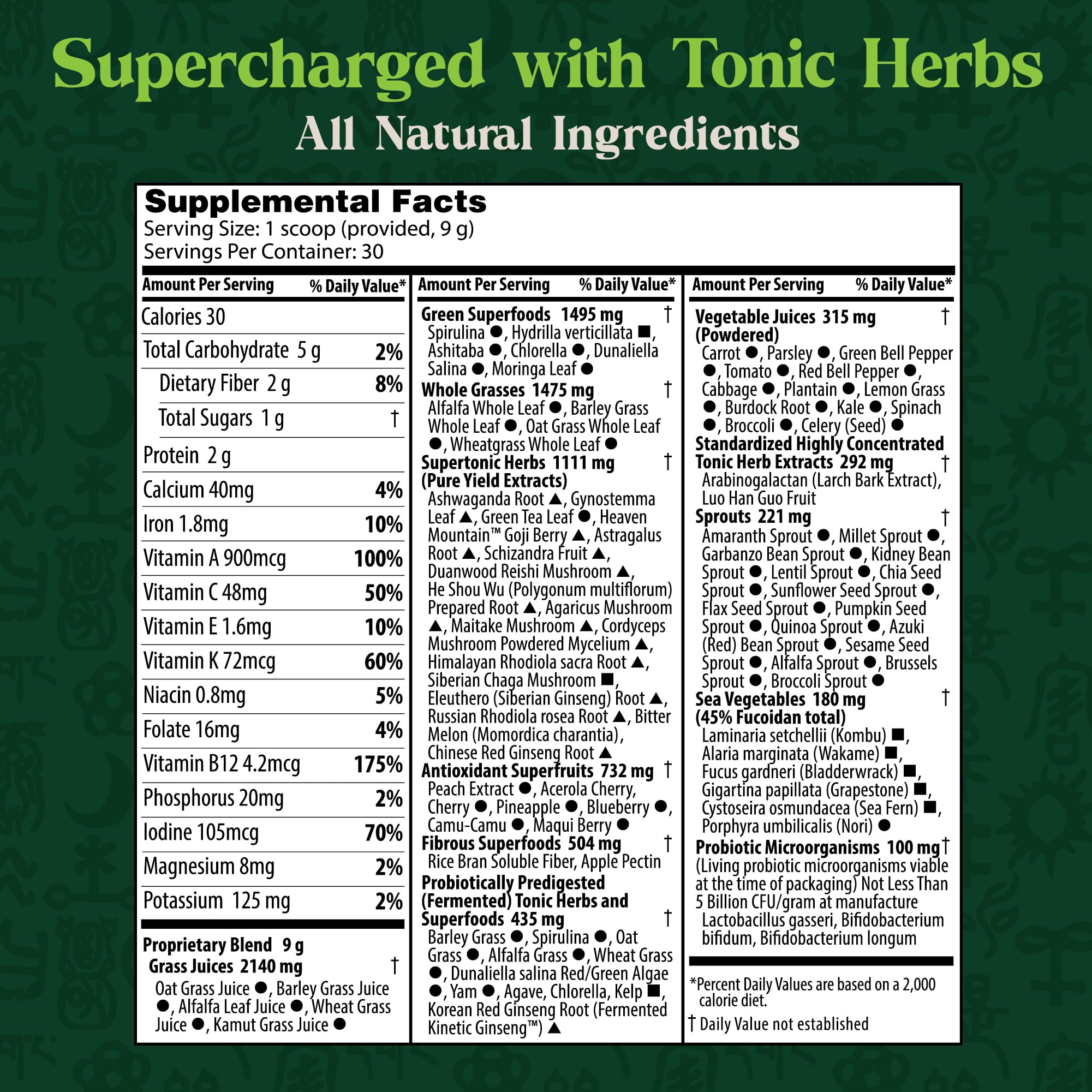 Dragon Herbs Tonic Alchemy Superfood Greens Powder with 91 Ingredients: Tonic Herbs, Ashwagandha, Mushrooms, Probiotics, Super Greens, Seaweeds, Fruits, Vegetables, Spirulina - 30 Servings Dragon HerbsAu supplements