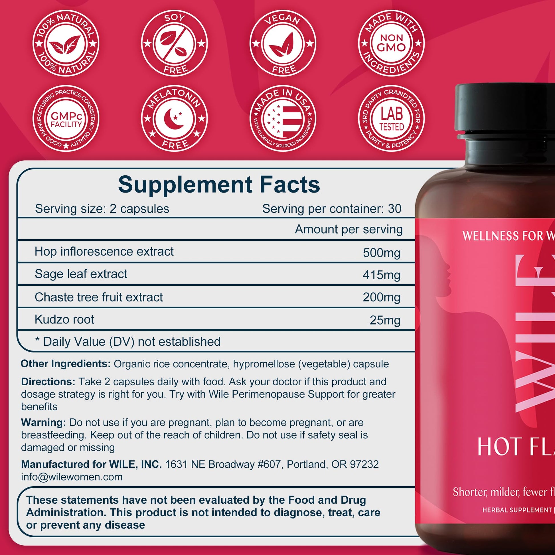 WILE Menopause and Perimenopause Supplements for Women - Hot Flashes and Night Sweats Relief with Kudzu Root - Premenopause Support for Stress, Hot Flash, Hormone Balance & Restful Sleep, 30 Servings WILEAu supplements