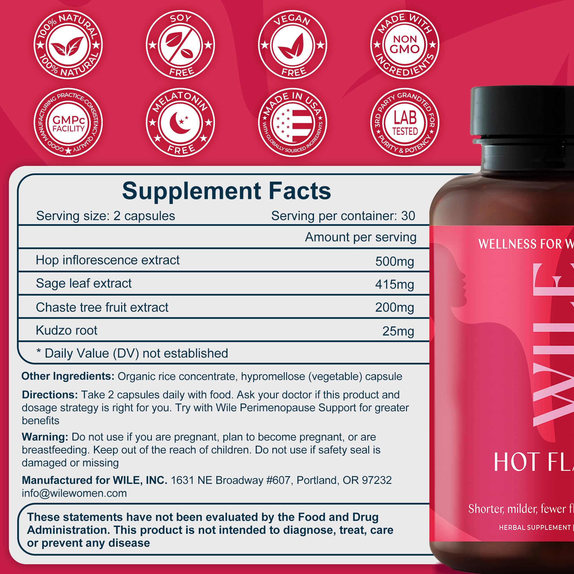 WILE Menopause and Perimenopause Supplements for Women - Hot Flashes and Night Sweats Relief with Kudzu Root - Premenopause Support for Stress, Hot Flash, Hormone Balance & Restful Sleep, 30 Servings WILEAu supplements