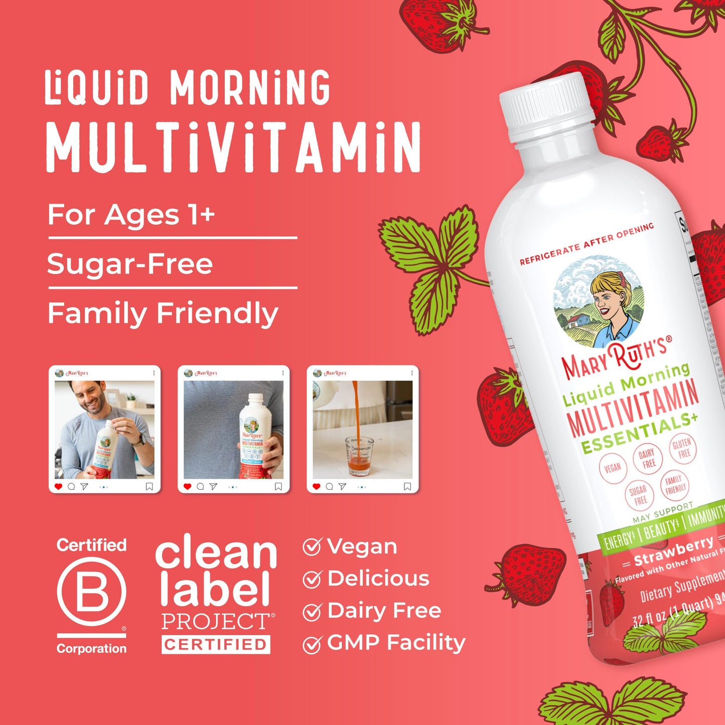 MaryRuth's Liquid Morning Multivitamin Essentials+ | Vitamin A C D E B6 B12 K2 Biotin Zinc | Mens Womens Multivitamin | Immune Support | Beauty | Sugar Free | Vitamins for Ages 1+ | Vegan | 32 Fl Oz MARYRUTH'SUS supplements