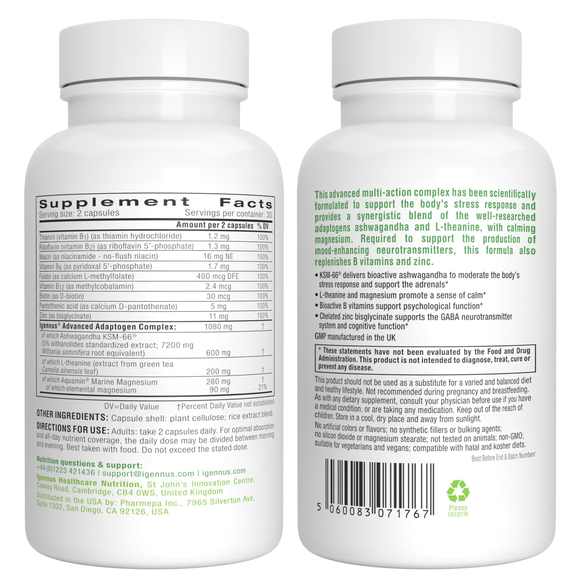 Igennus High Strength Ashwagandha, Magnesium, & L-Theanine Stress Relief Complex, KSM-66 Root Extract Adaptogens, Boosted with Methylfolate, Zinc & Biotin Clean Label, 60 Fast Acting Capsules Igennus Healthcare NutritionAu supplements