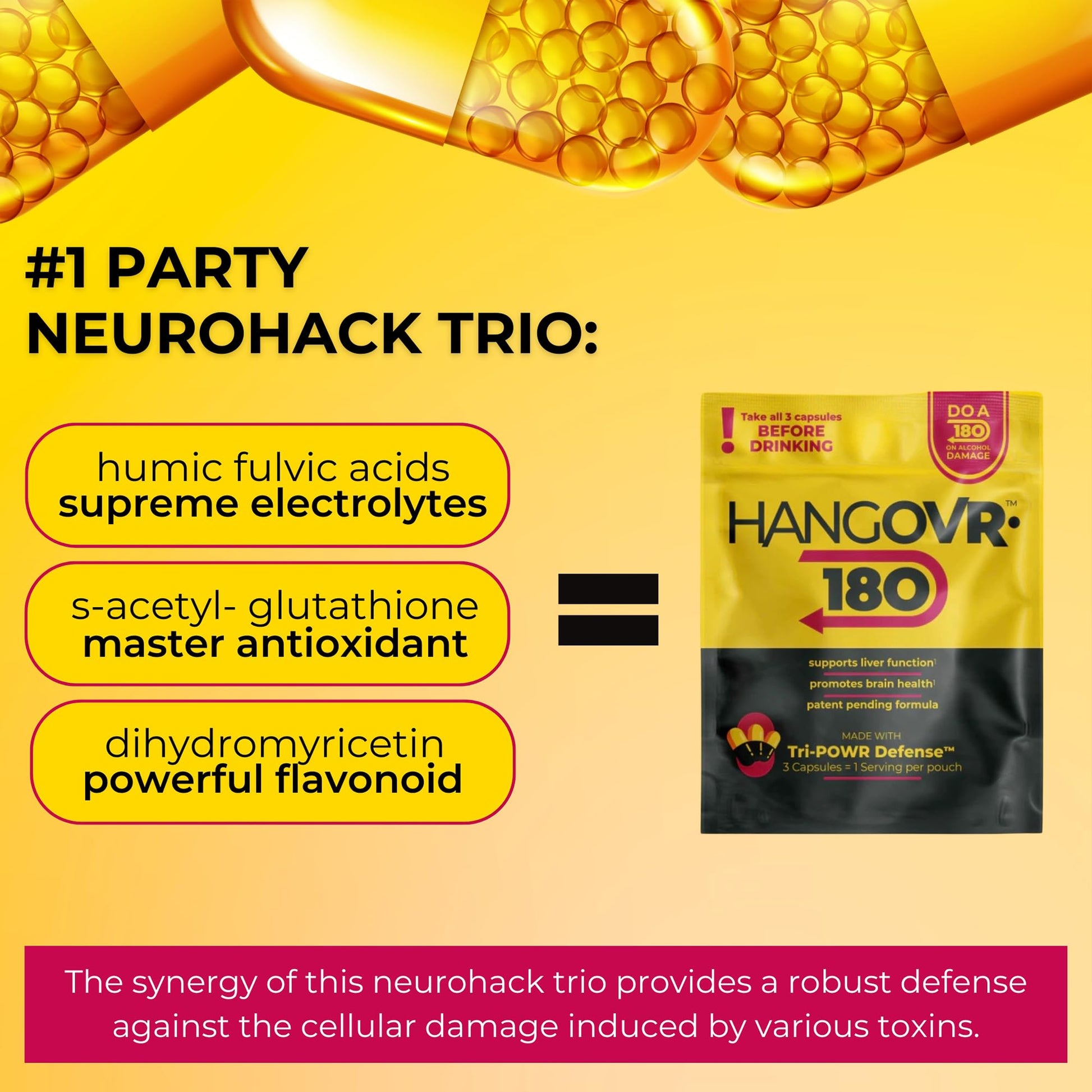 Hangovr 180 Tri-Power Before Drinking Defense 4 Pack - Support Liver & Brain Health, Feel Fresher & Better Energy - - Take Before Drinking for Relief, 3 Capsules per Pouch HANGOVR-180Au supplements