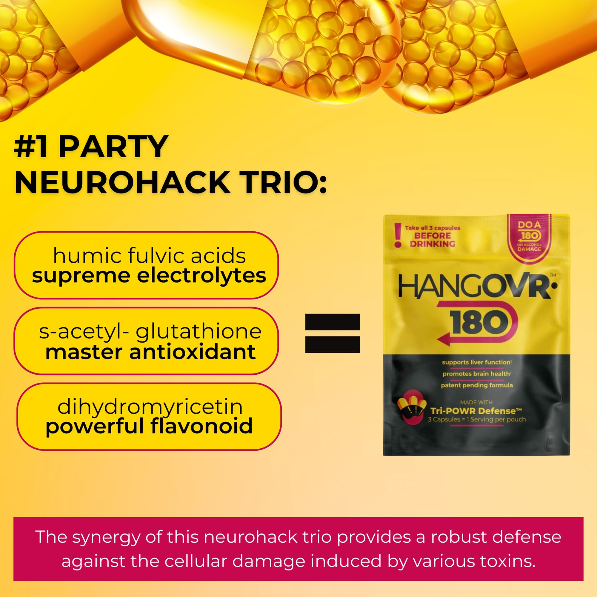 Hangovr 180 Tri-Power Before Drinking Defense 4 Pack - Support Liver & Brain Health, Feel Fresher & Better Energy - - Take Before Drinking for Relief, 3 Capsules per Pouch HANGOVR-180Au supplements