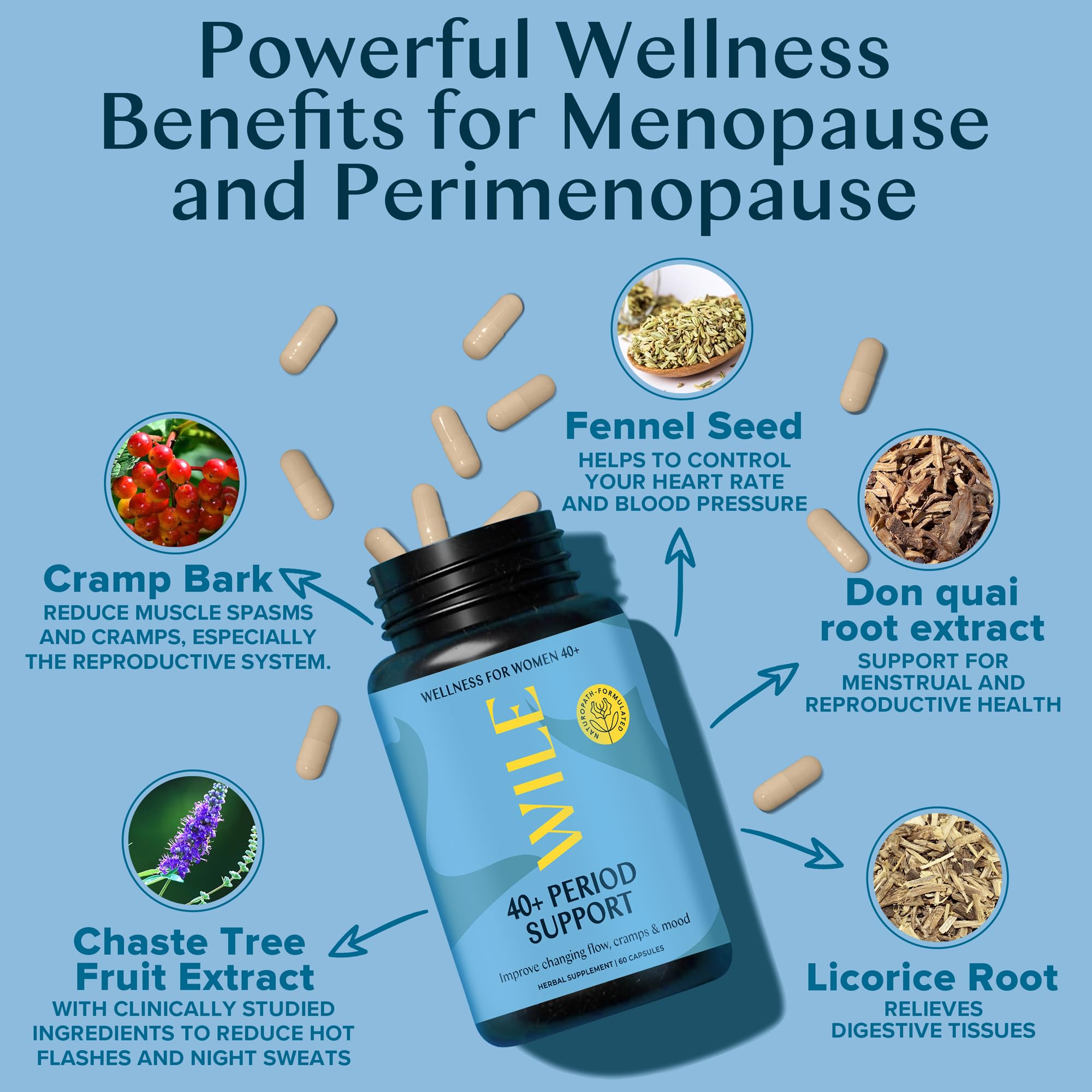 WILE Menopause and Perimenopause Supplements for Women - Menstrual Cramp, PMS and Heavy Period Relief with Dong Quai - Premenopausal Support for Hormone Balance & Improved Mood, Vegan, 30 Servings WILEAu supplements
