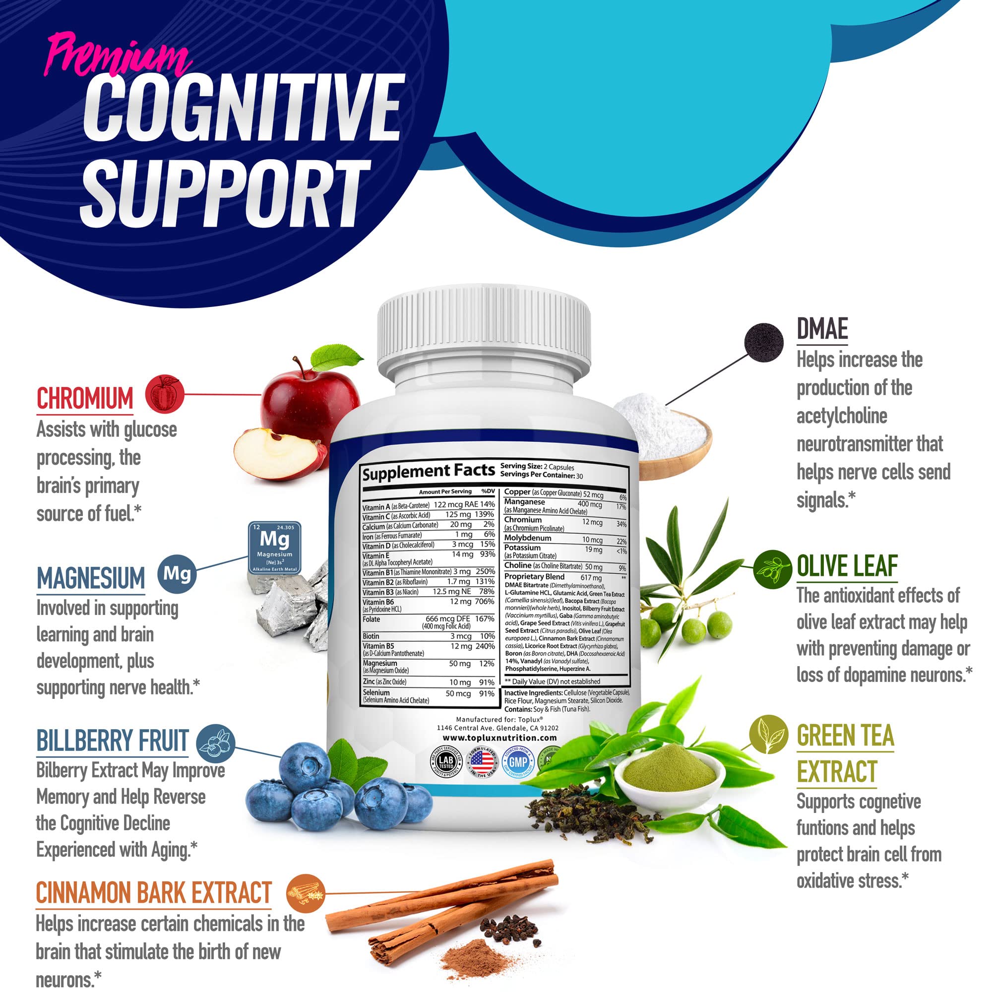 Toplux Brain Supplement Nootropic – Brain Pills Vitamin with DMAE, Bacopa Monnieri, L-Gutamine, for Men Women, 60 Capsules, Nutrition TopluxAu supplements