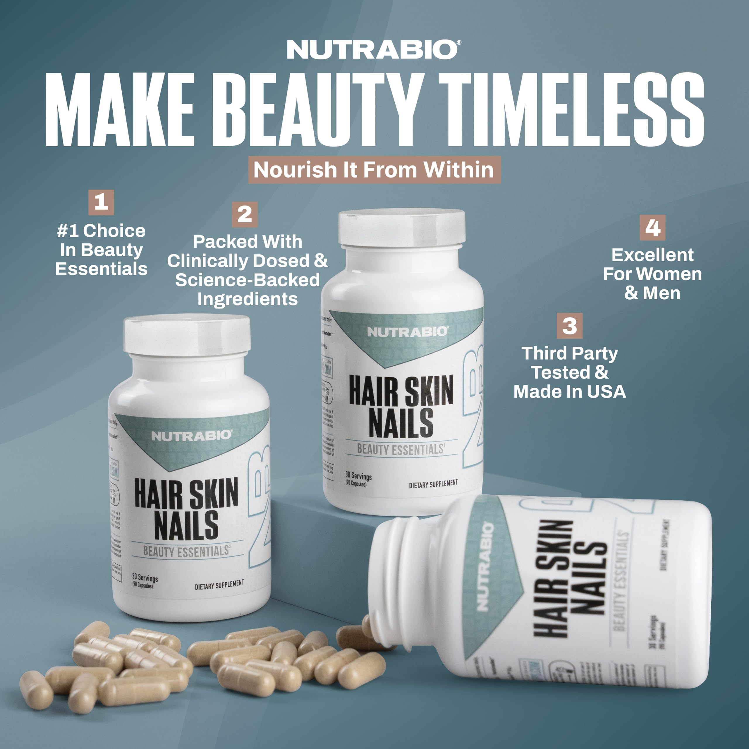 NutraBio Hair Skin Nails Vitamins | Enhanced Collagen Support | Skin Hydration | Hair Growth Vitamins for Women with Biotin, Keratin, Hyaluronic Acid & More - 90 Capsules NutraBioAu supplements