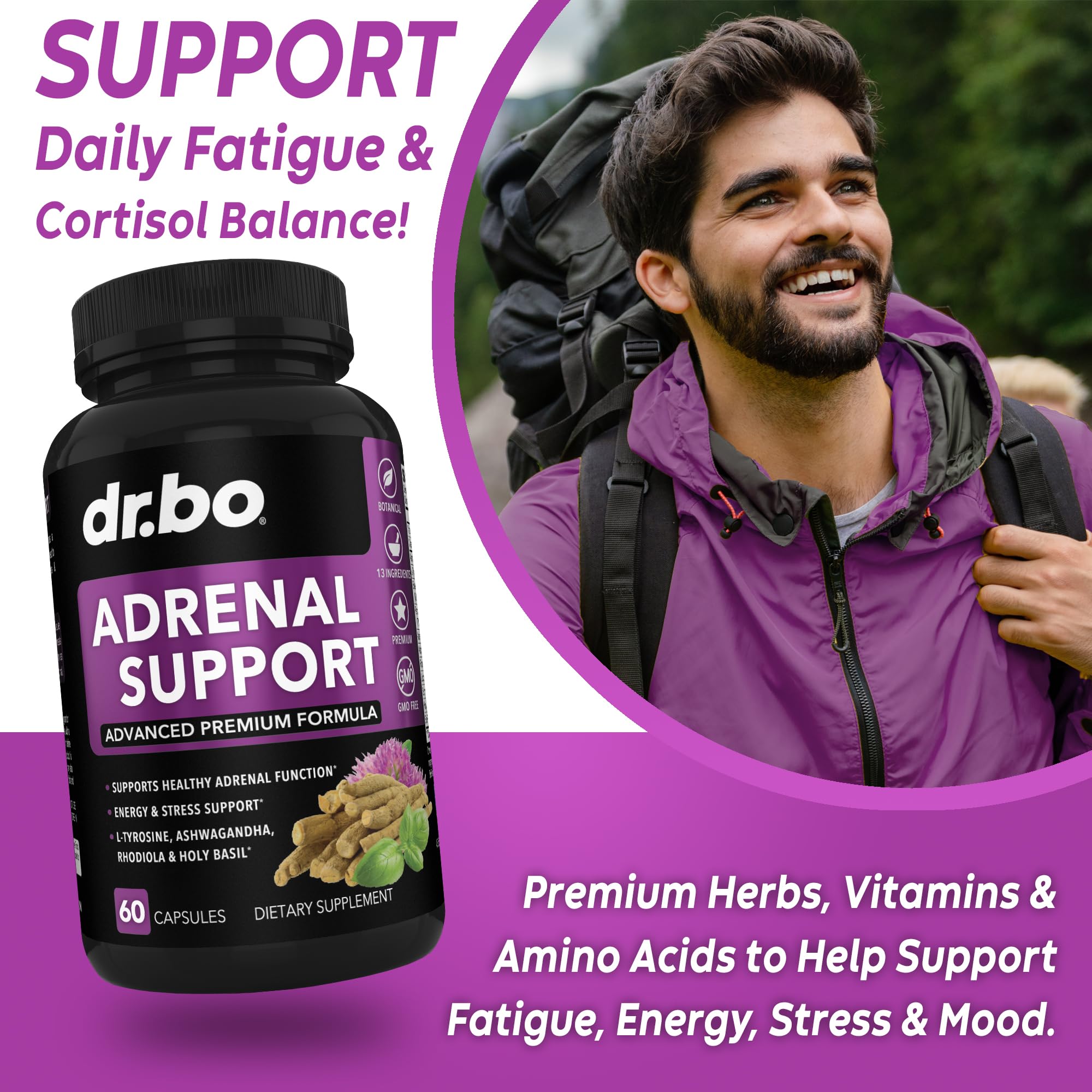 Adrenal Support Cortisol Manager Supplement - Adrenal Fatigue Supplements for Women & Men with Natural Adaptogen Ashwagandha Holy Basil Rhodiola L Tyrosine Complex Fatigue Cortisol Health - 60 Pills DR. BOAu supplements