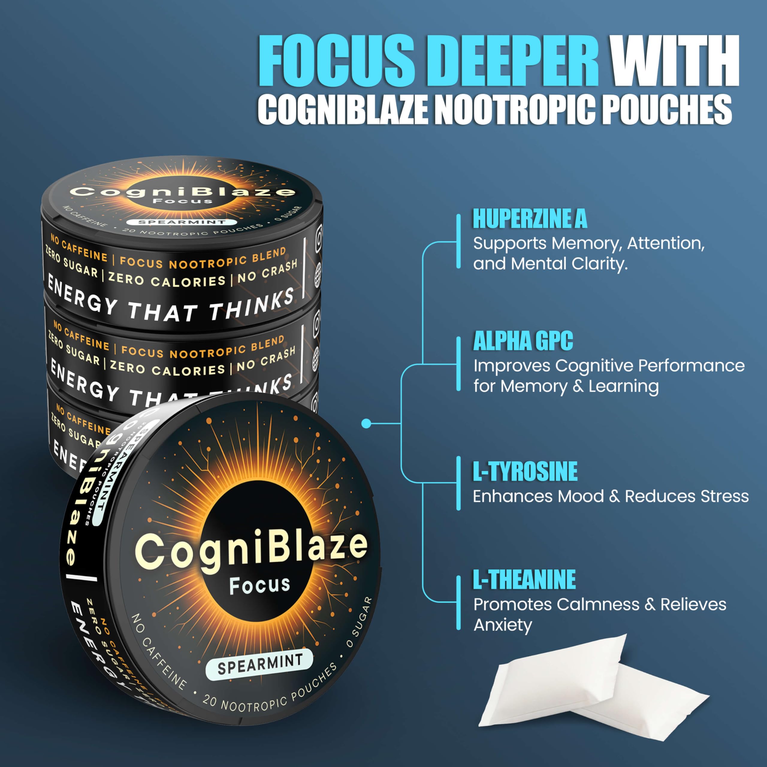 CogniBlaze Nootropic Pouches Caffeine Free (Spearmint) | 80 Focus Pouches for Clarity | 4 Pack (20 Per Can) | Mental Energy Pouches | 25mcg Huperzine A per Nootropic Pouch | Zero Calories CogniBlazeAu supplements