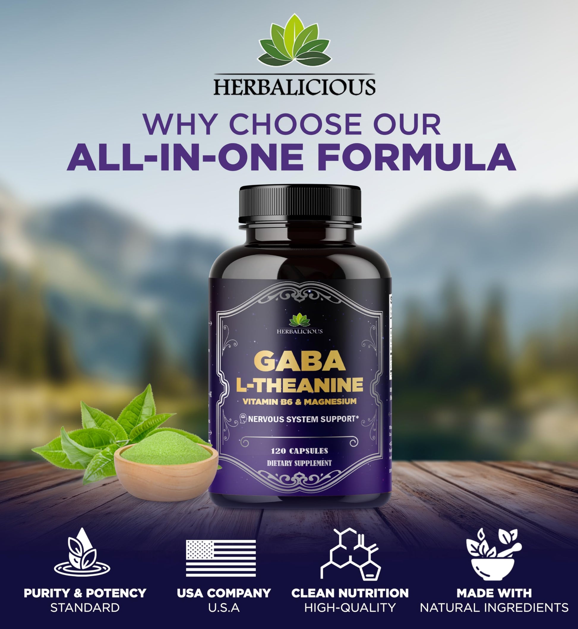 HERBALICIOUS GABA L-Theanine with Magnesium – Calm & Focus Support, Stress Relief, Relaxation + Mood Balance, Brain & Memory Support Supplement – Vitamin B6 + B12 Complex – 120 Capsules HERBALICIOUSAu supplements