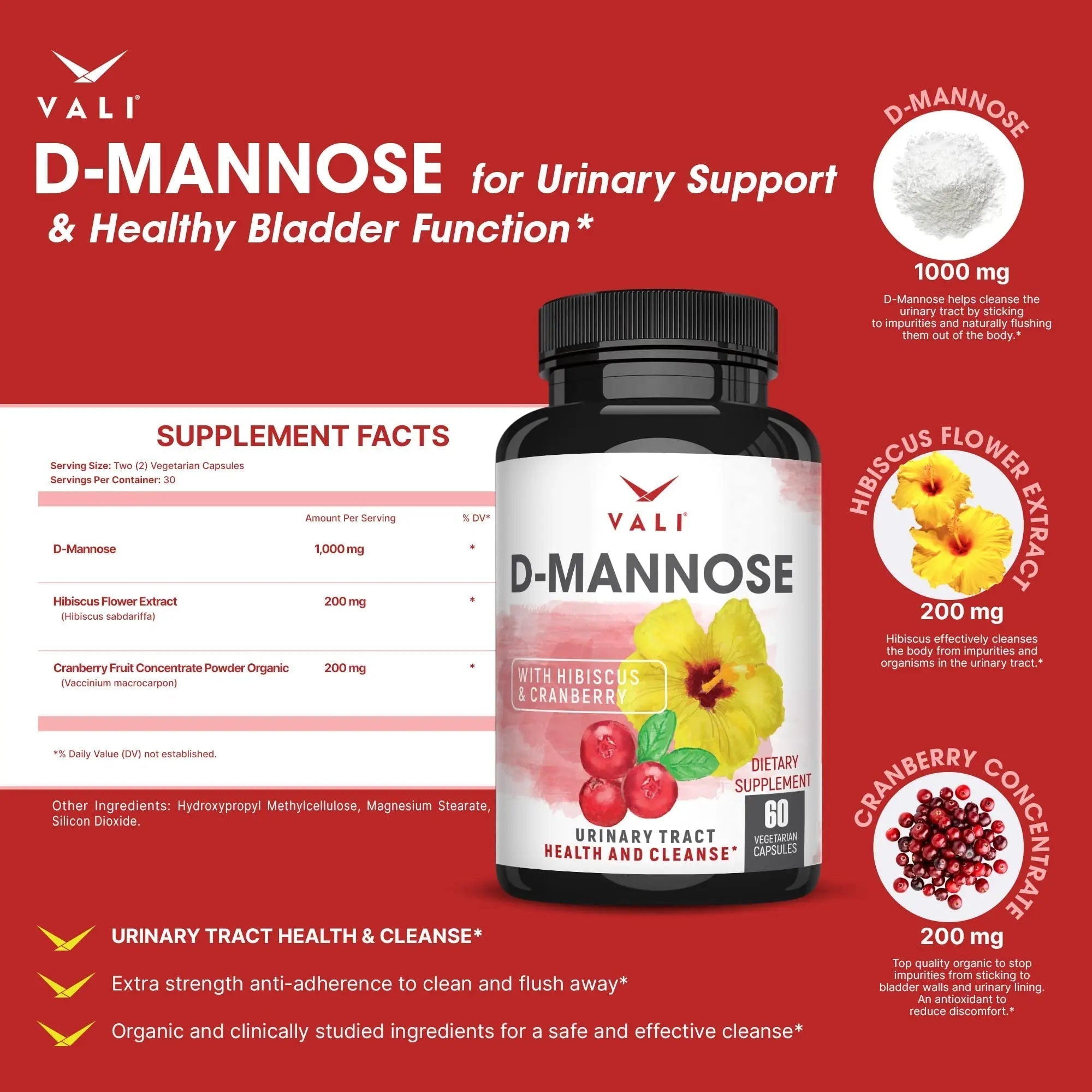 VALI D-Mannose 1000mg Urinary Tract Health Formula. Organic Cranberry Fruit Powder & Hibiscus. Healthy Bladder, Natural Cleanse, Fast Detox Flush, Herbal UT Function Support Pills. 60 Veggie Capsules VALIAu supplements